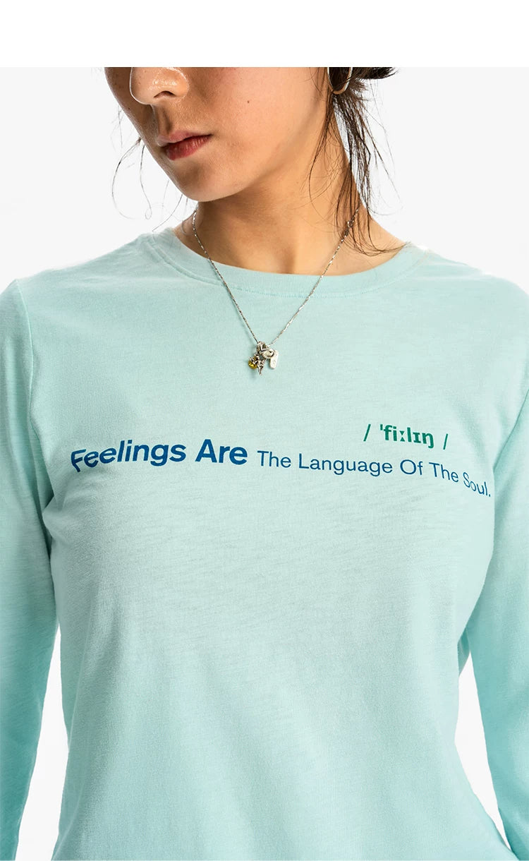 Feelings Slogan Print Slub Cotton Long Sleeve Tee - Ice Mint print close-up