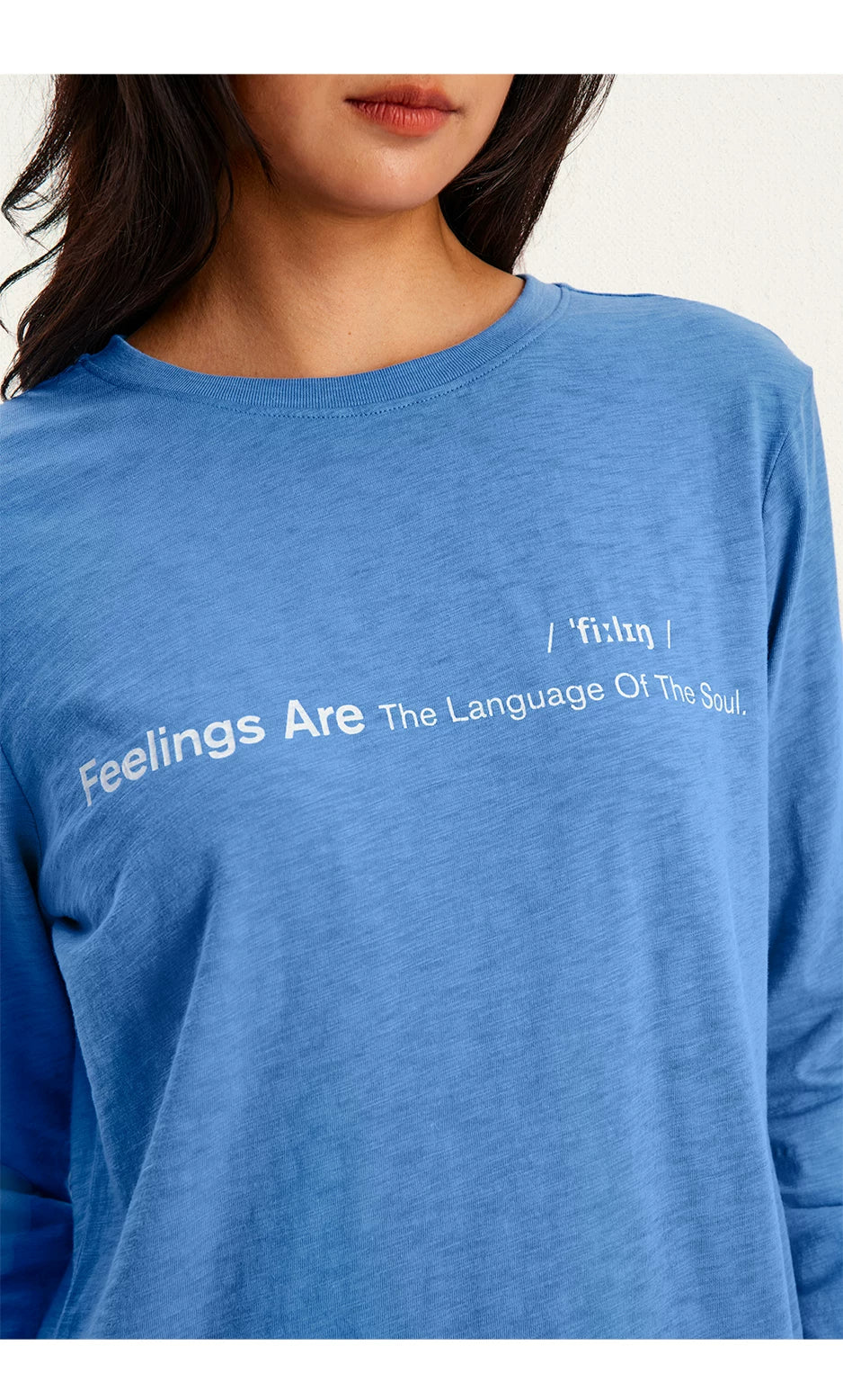 Feelings Slogan Print Slub Cotton Long Sleeve Tee - Blue print close-up