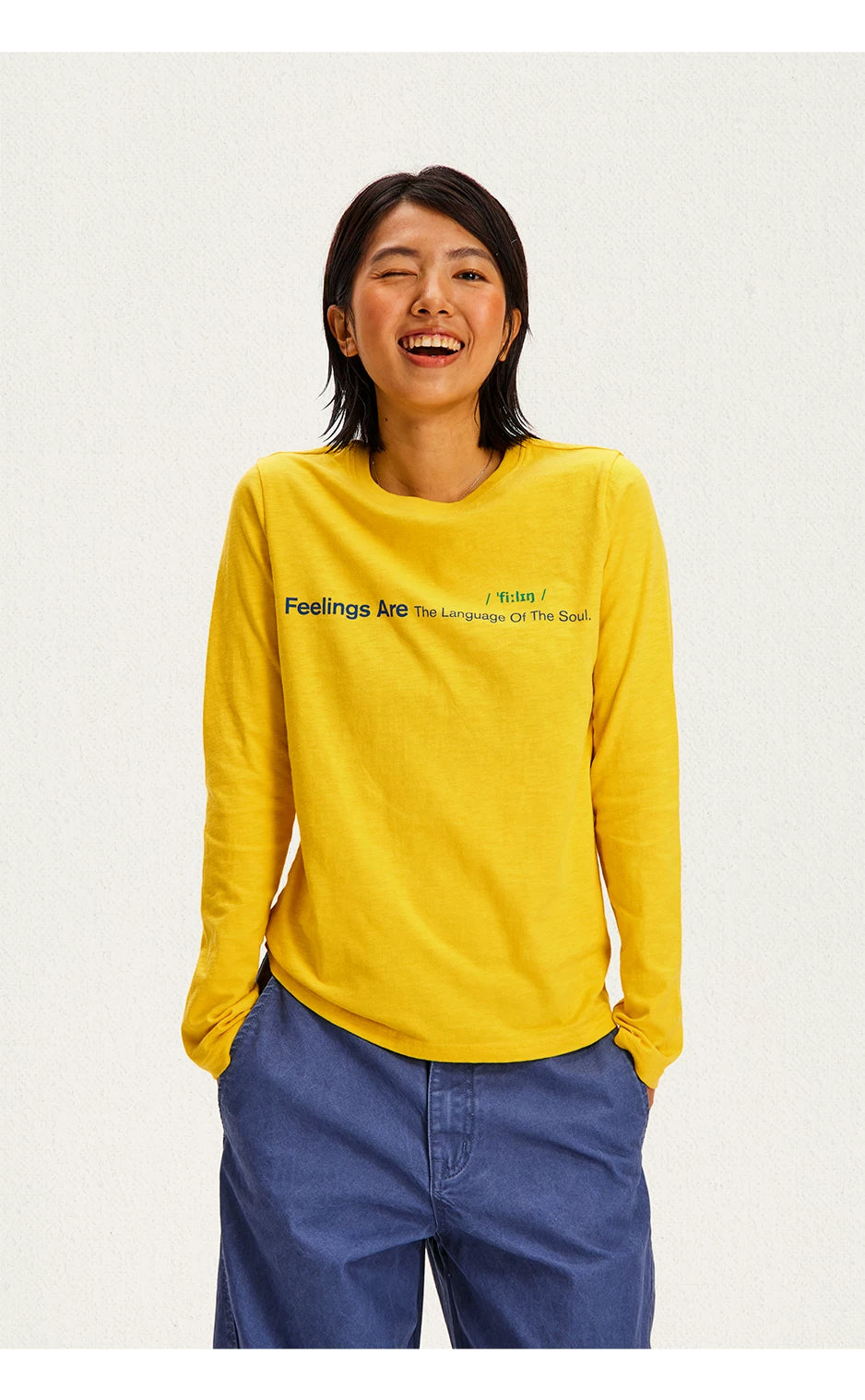 Feelings Slogan Print Slub Cotton Long Sleeve Tee - Yellow front