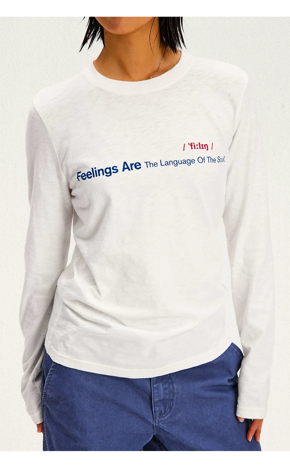 Feelings Slogan Print Slub Cotton Long Sleeve Tee - White close-up