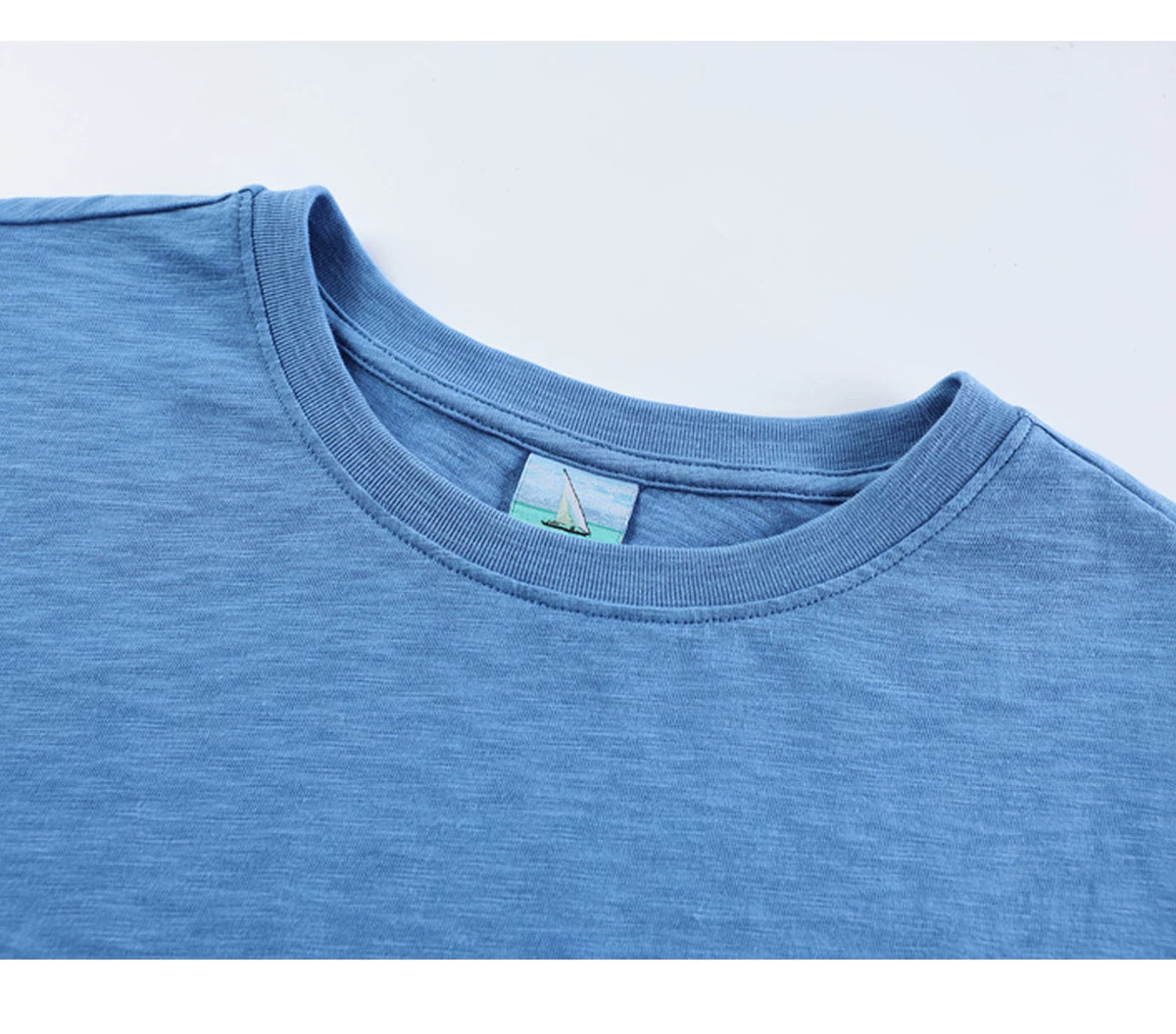 Feelings Slogan Print Slub Cotton Long Sleeve Tee - Blue slub cotton neckline detail