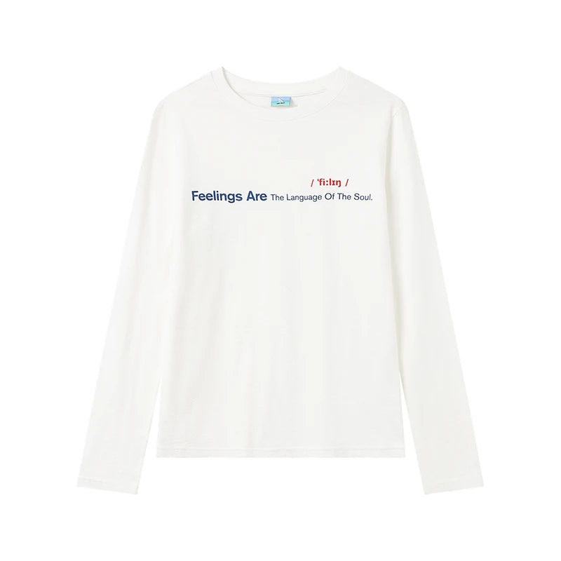 Feelings Slogan Print Slub Cotton Long Sleeve Tee - White flat lay
