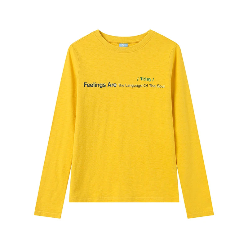 Feelings Slogan Print Slub Cotton Long Sleeve Tee - Yellow flat lay