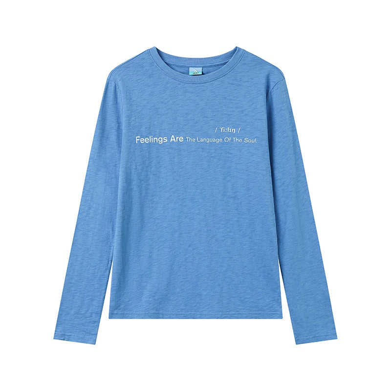 Feelings Slogan Print Slub Cotton Long Sleeve Tee - Blue flat lay