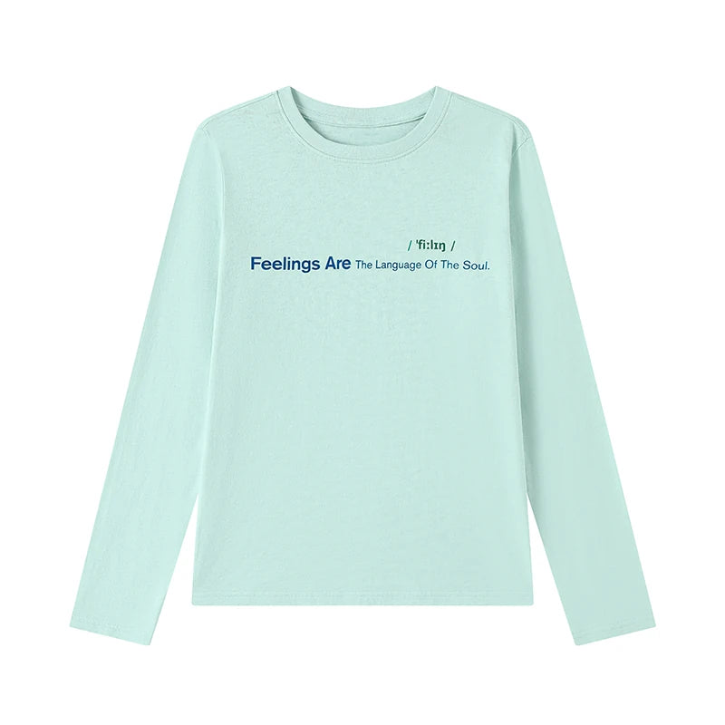 Feelings Slogan Print Slub Cotton Long Sleeve Tee - Ice Mint flat lay