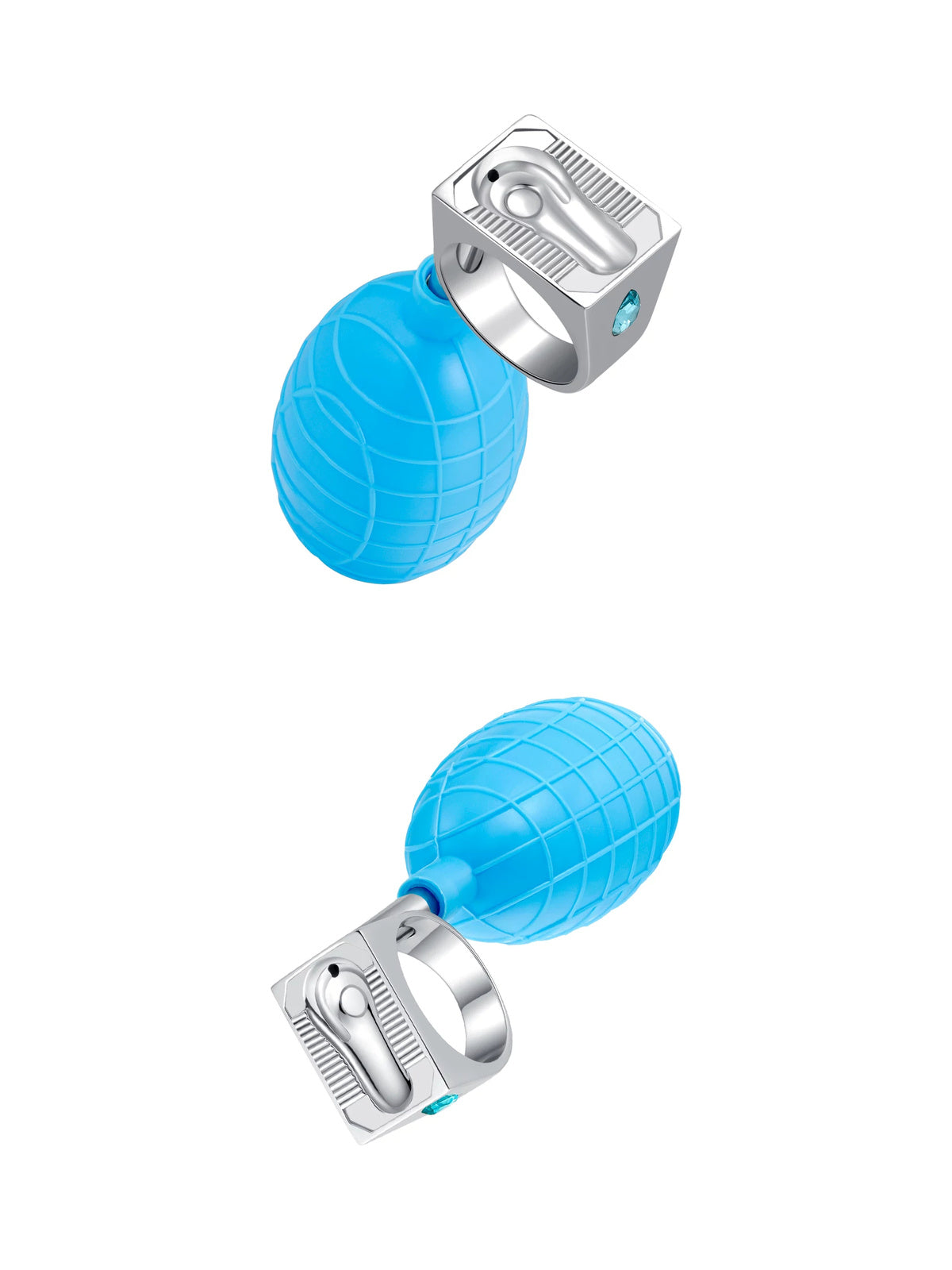 USIC blue squeeze-bulb water-squirting ring shown from two angles