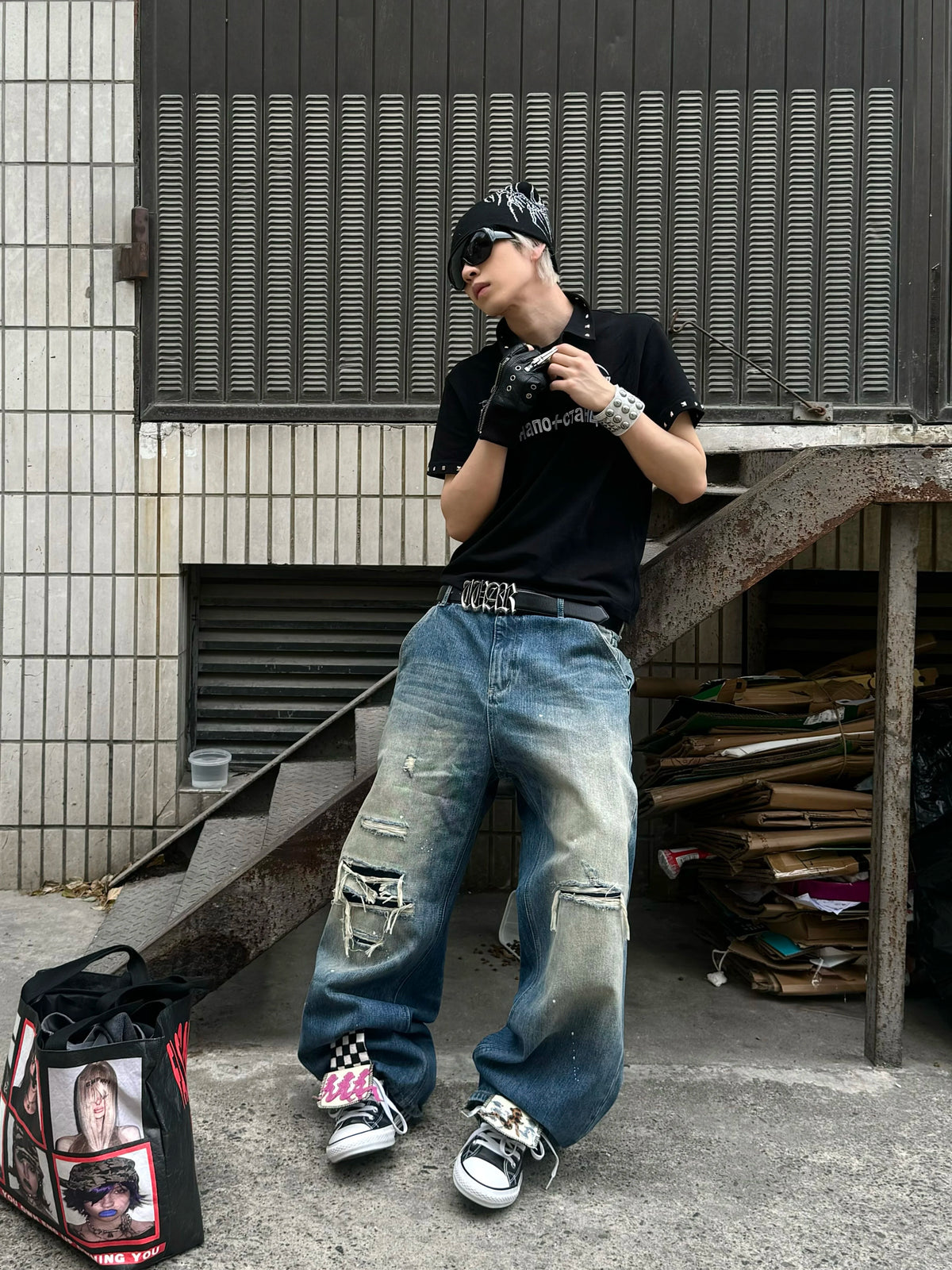Leopard Star Flag Print Ripped Baggy Jeans - Front lifestyle
