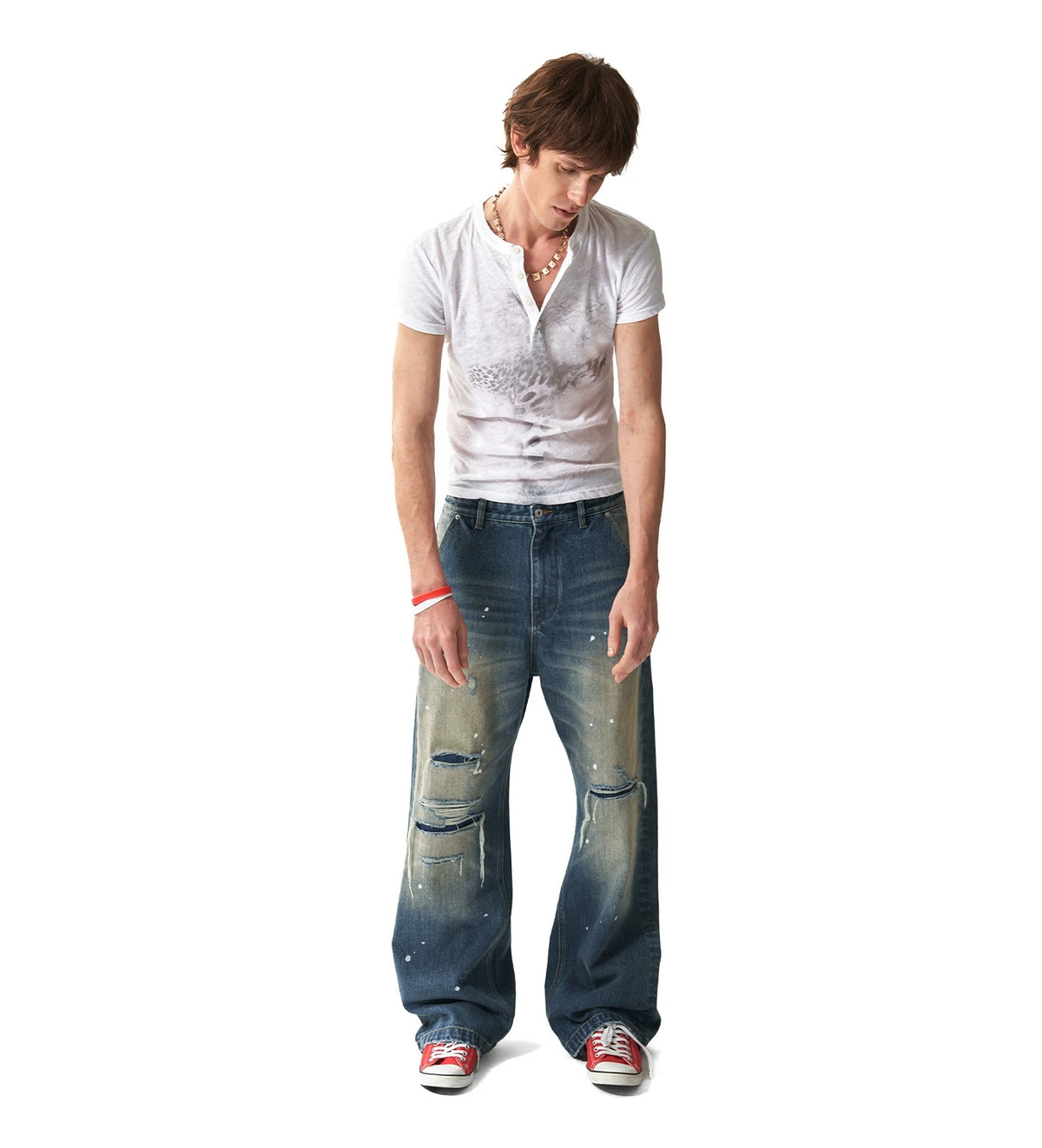 Leopard Star Flag Print Ripped Baggy Jeans - Full look front