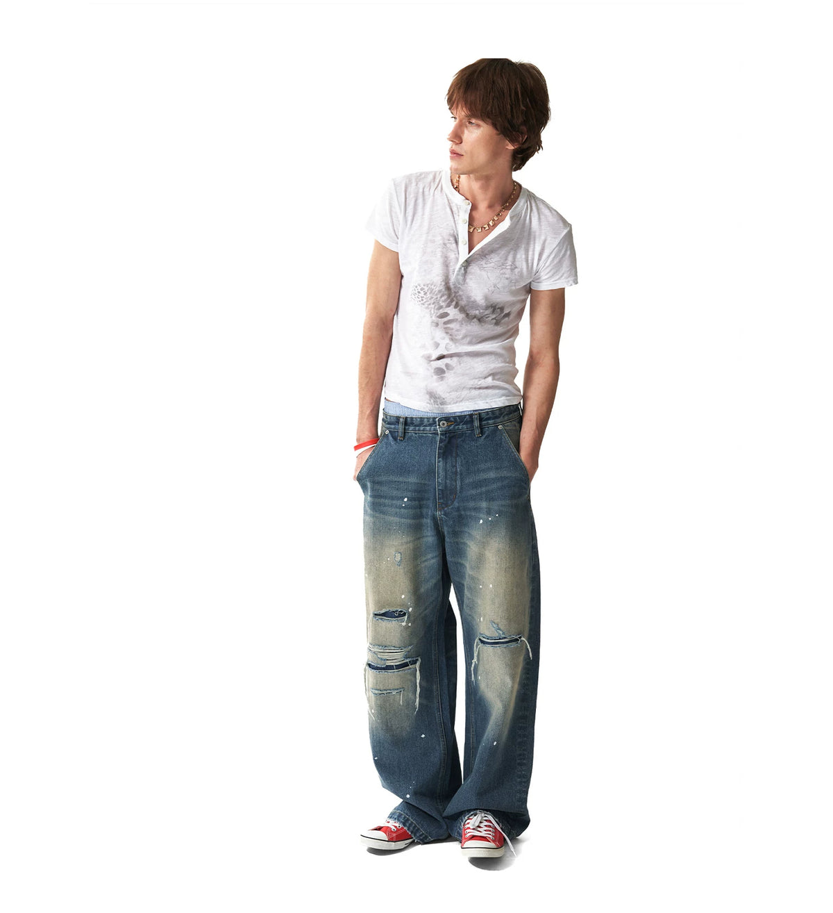 Leopard Star Flag Print Ripped Baggy Jeans - Front three-quarter