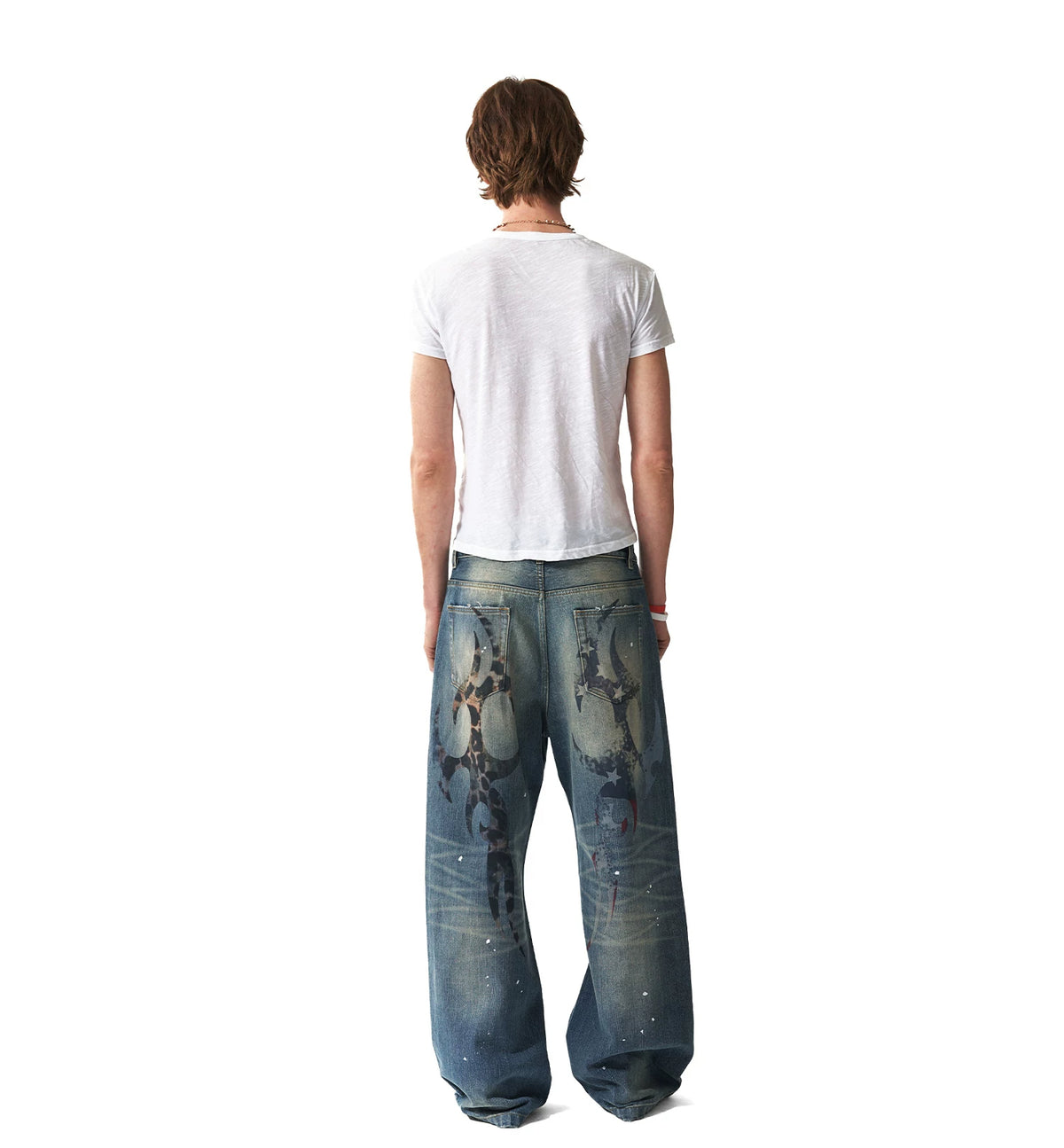 Leopard Star Flag Print Ripped Baggy Jeans - Full look back