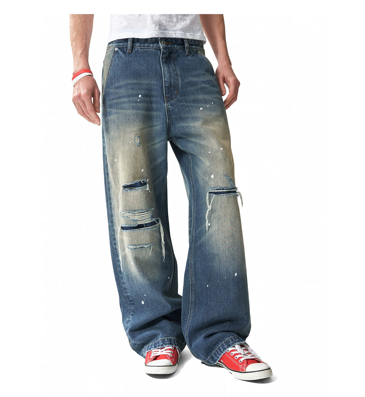 Leopard Star Flag Print Ripped Baggy Jeans - Front ripped detail