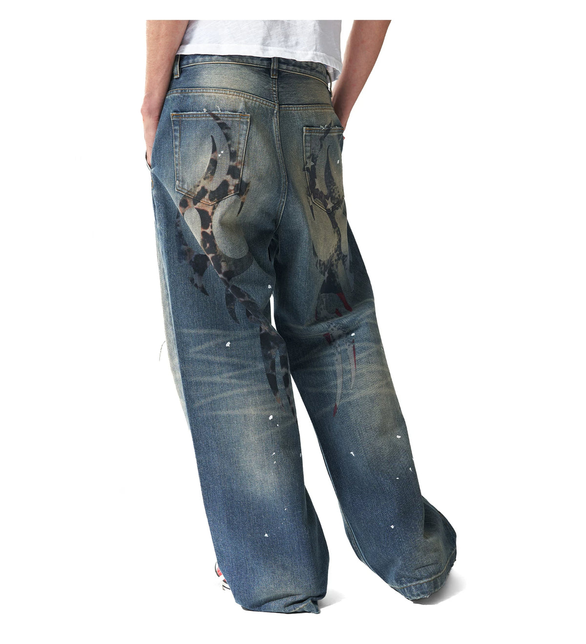 Leopard Star Flag Print Ripped Baggy Jeans - Back print