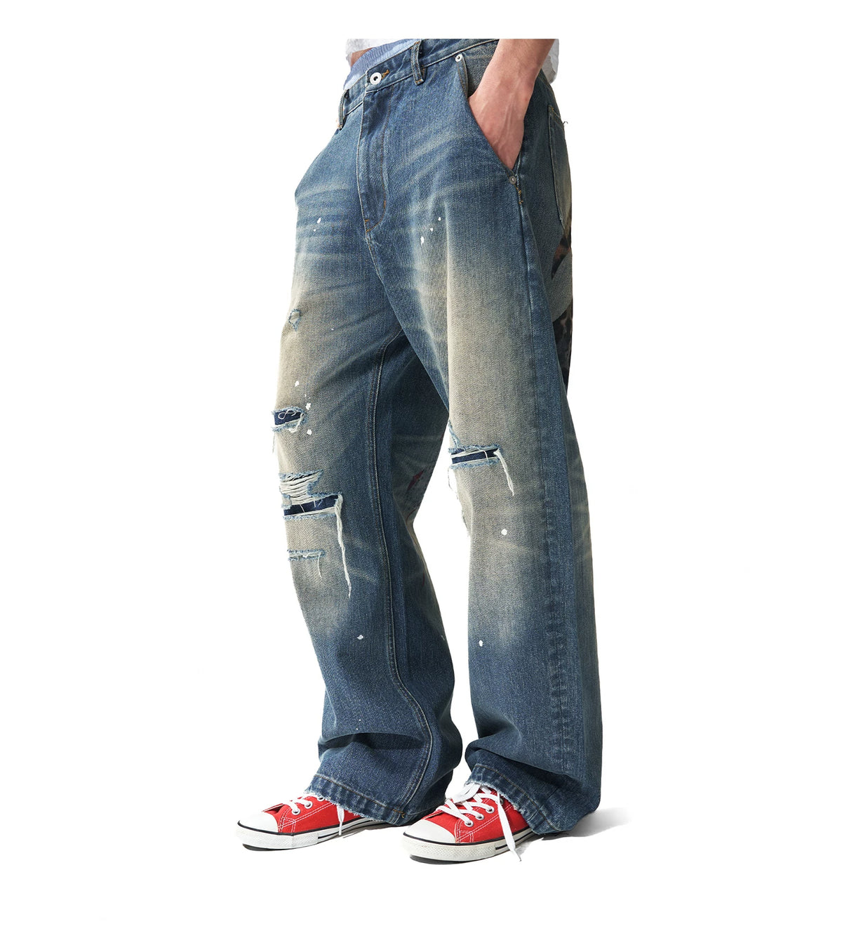 Leopard Star Flag Print Ripped Baggy Jeans - Side front
