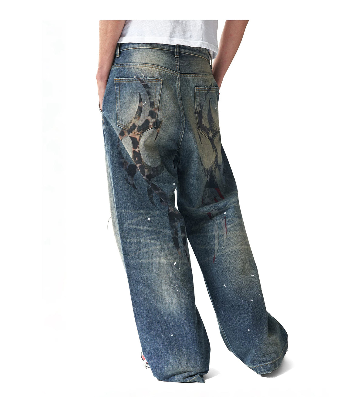 Leopard Star Flag Print Ripped Baggy Jeans - Back print close-up