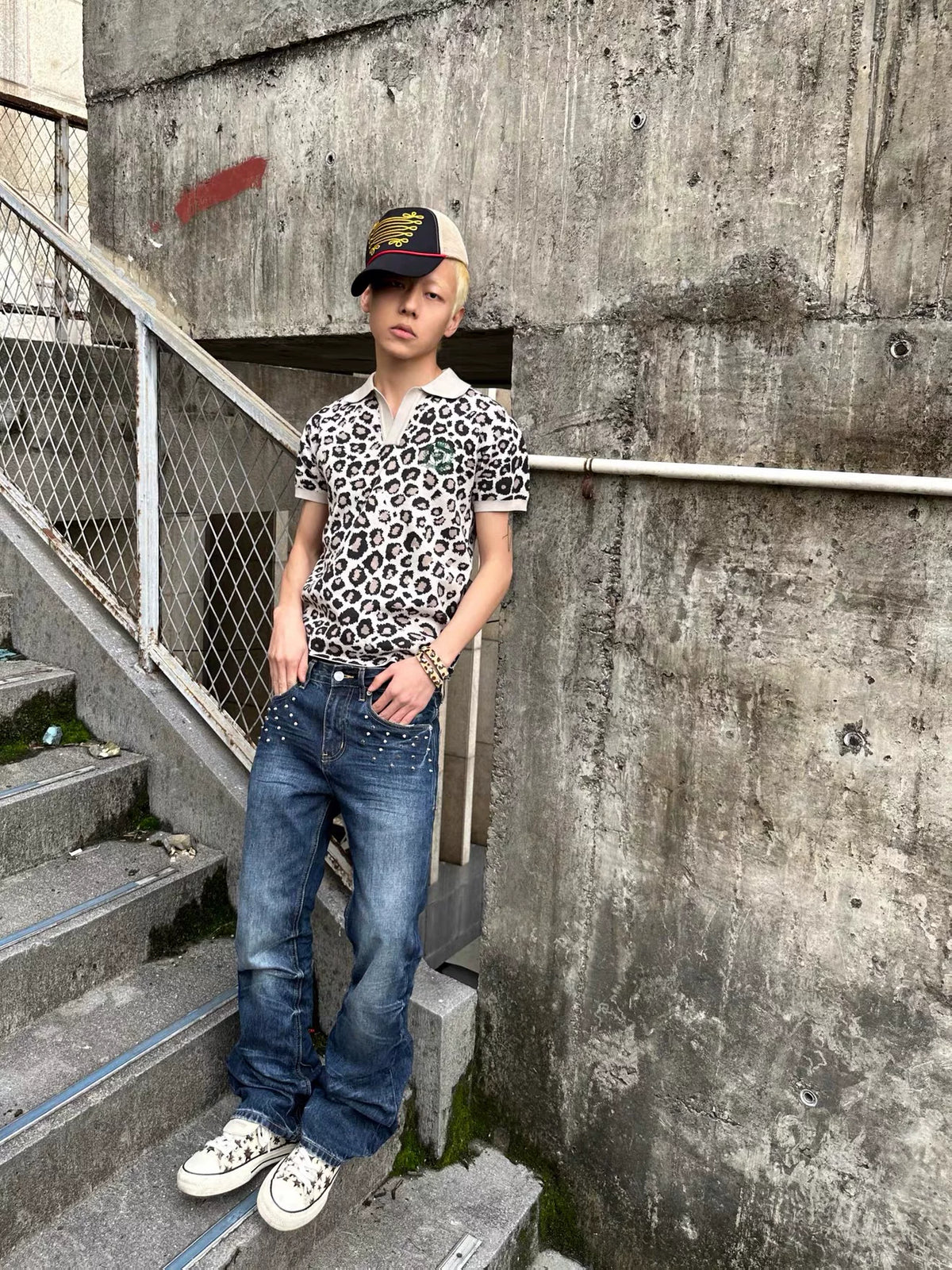 NumbAsia Studded Claw Wash Flared Jeans - model look 3