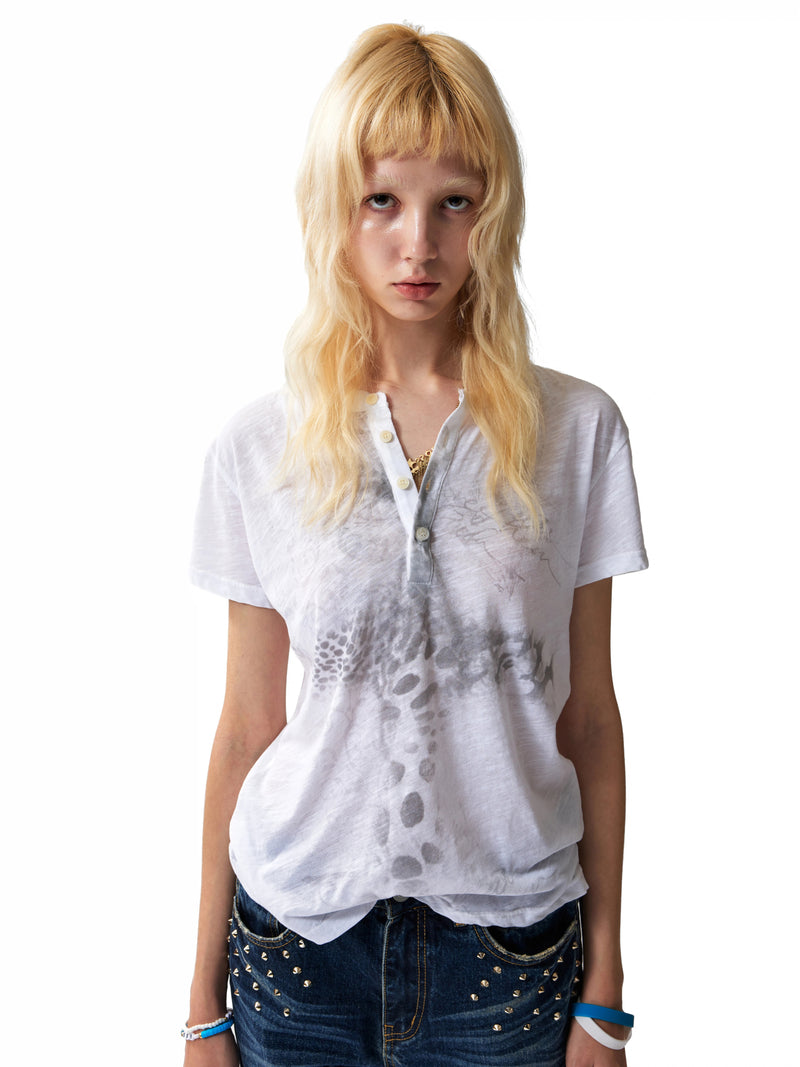 Leopard Cross Print Slub Henley Tee - White model front close-up
