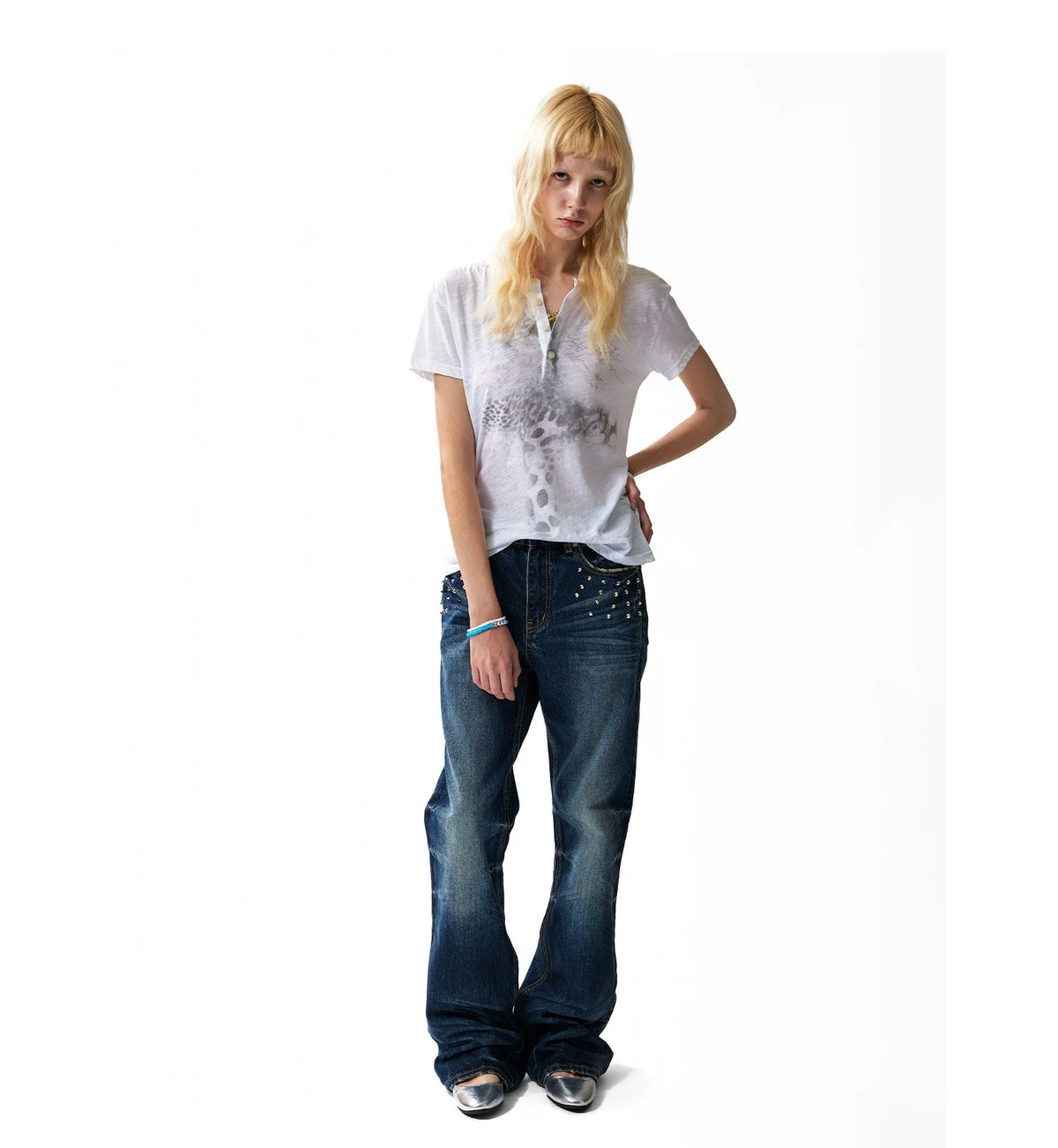 Leopard Cross Print Slub Henley Tee - White model styled with flared jeans