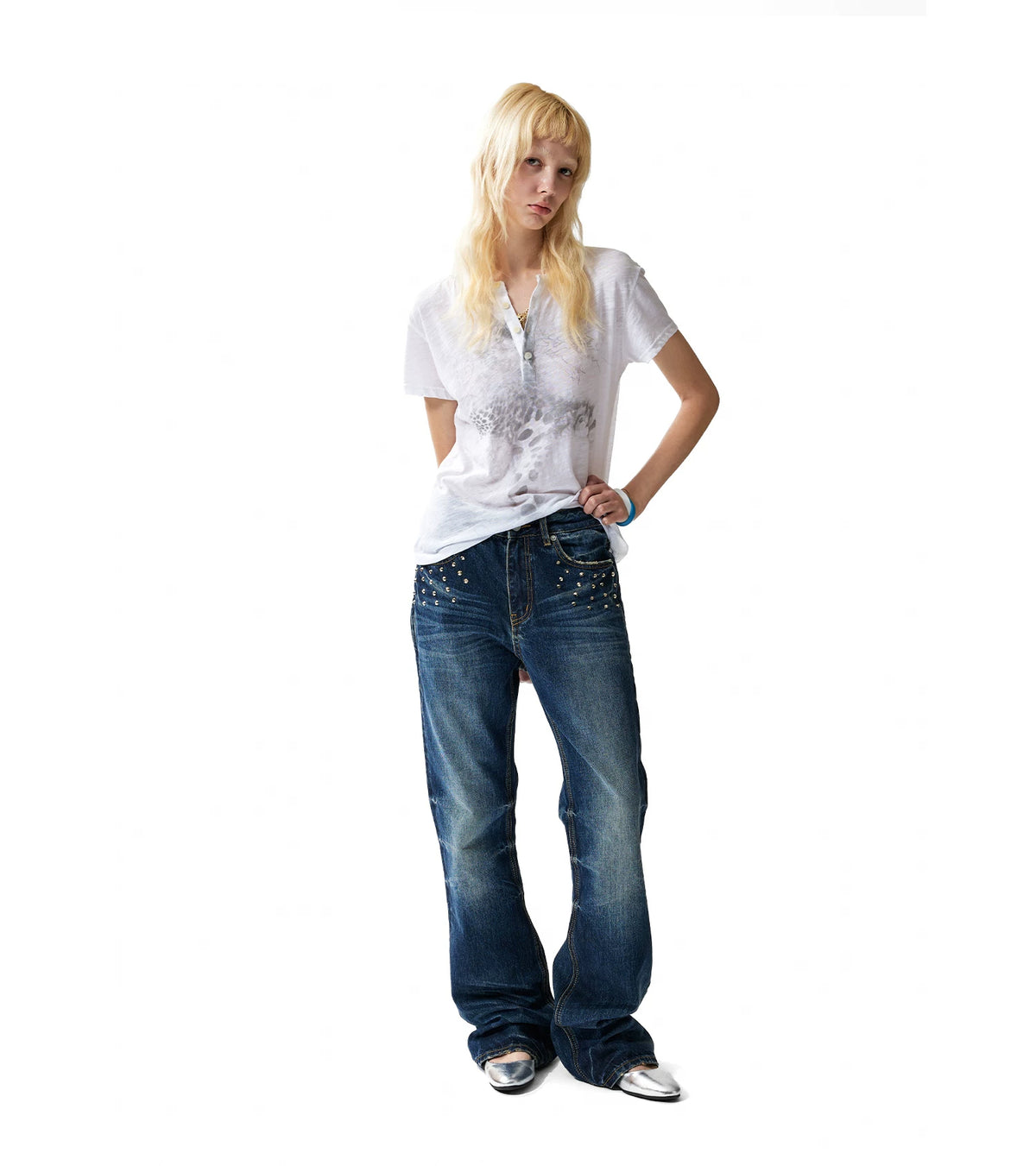 Leopard Cross Print Slub Henley Tee - White model hand on hip