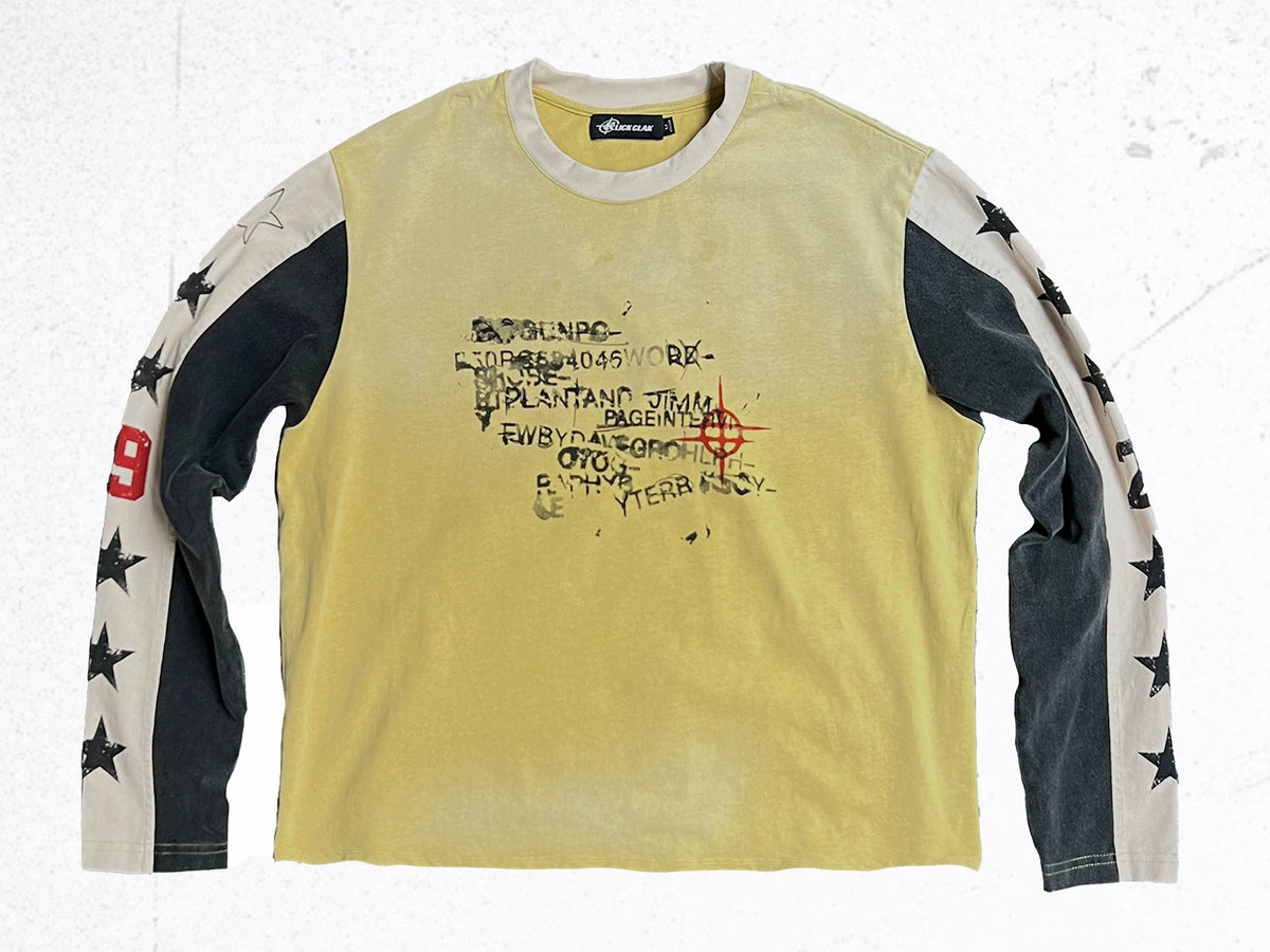 Washed Star Patchwork Distressed Long Sleeve T-Shirt - Faded Yellow flat lay front