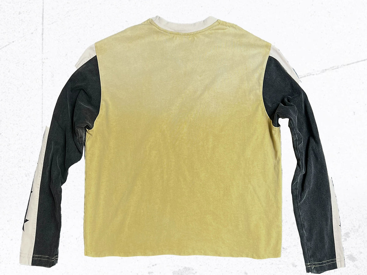 Washed Star Patchwork Distressed Long Sleeve T-Shirt - Faded Yellow flat lay back
