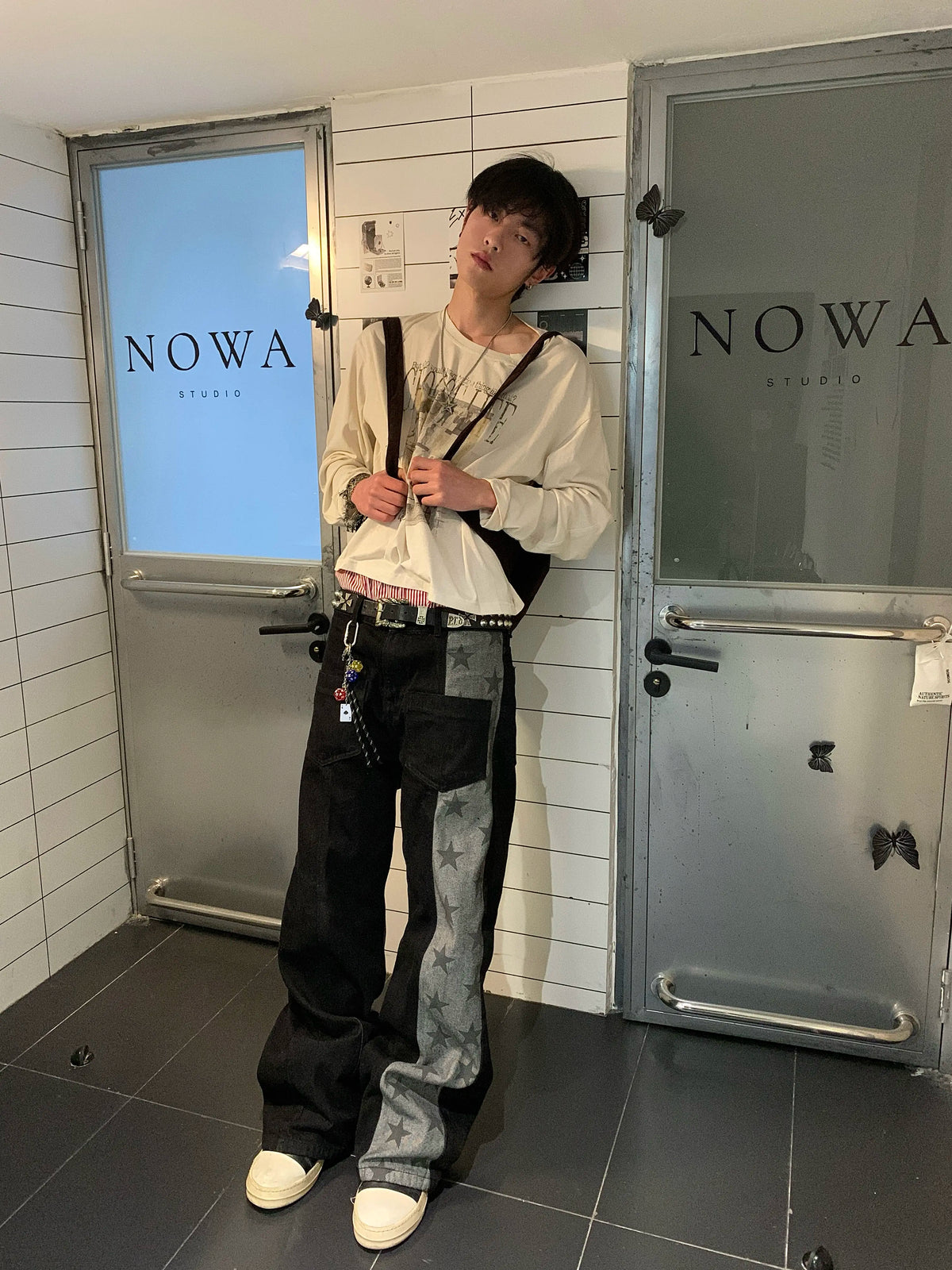 Star Print Paneled Raw Black Straight Jeans - Raw Black on-model street styling front