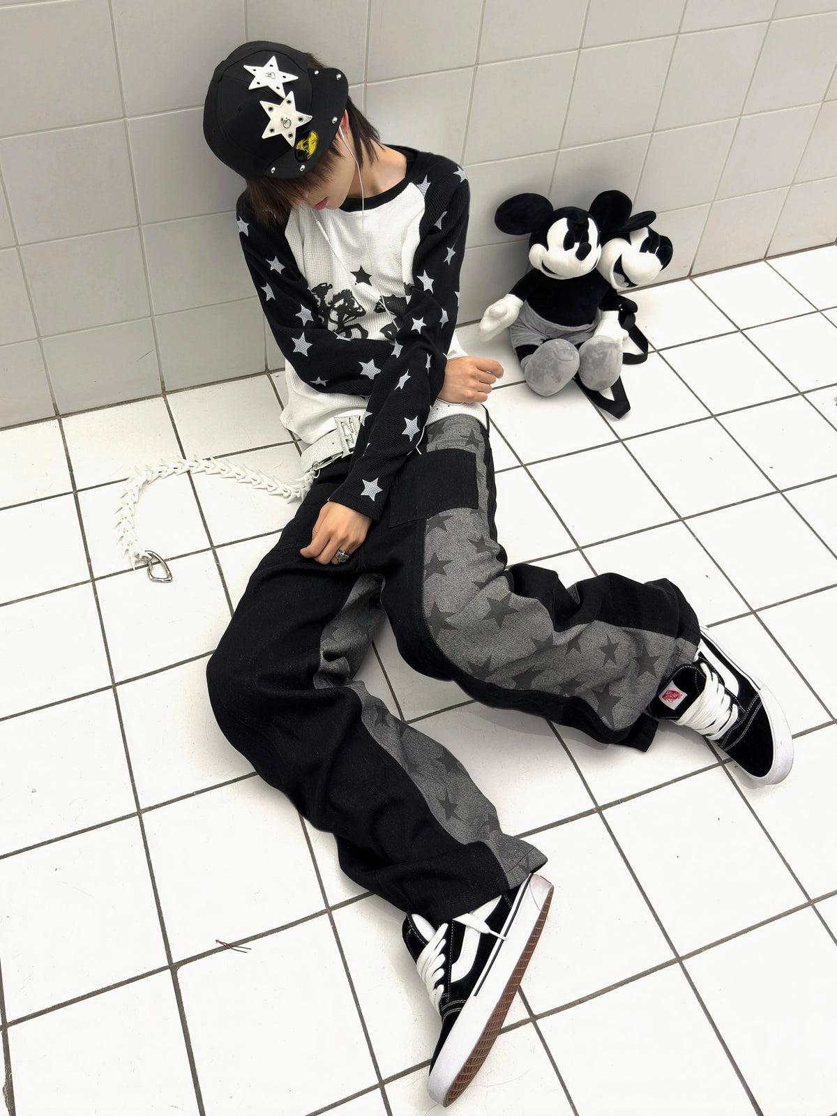 Star Print Paneled Raw Black Straight Jeans - Raw Black on-model seated styling