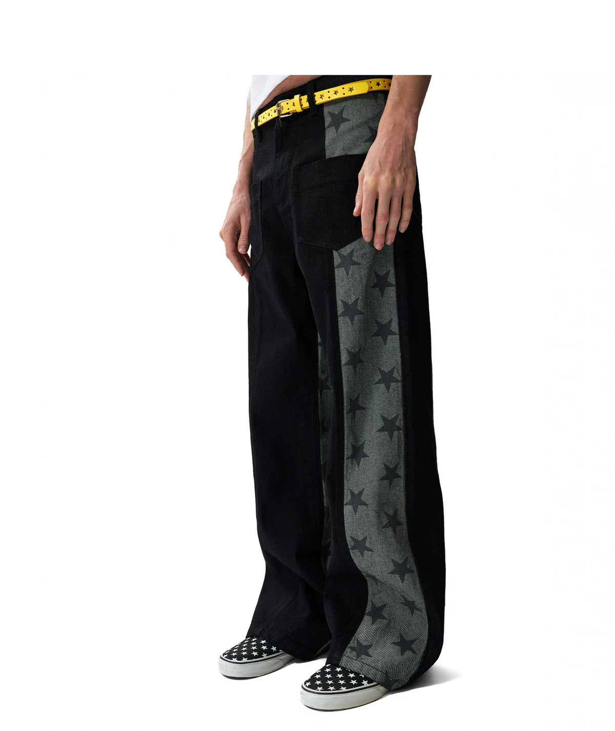 Star Print Paneled Raw Black Straight Jeans - Raw Black front on-model close-up
