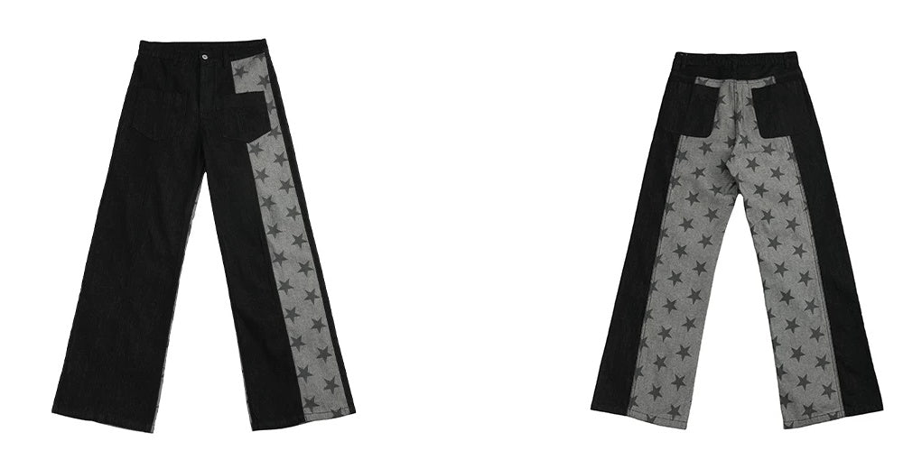 Star Print Paneled Raw Black Straight Jeans - Raw Black flat lay front and back