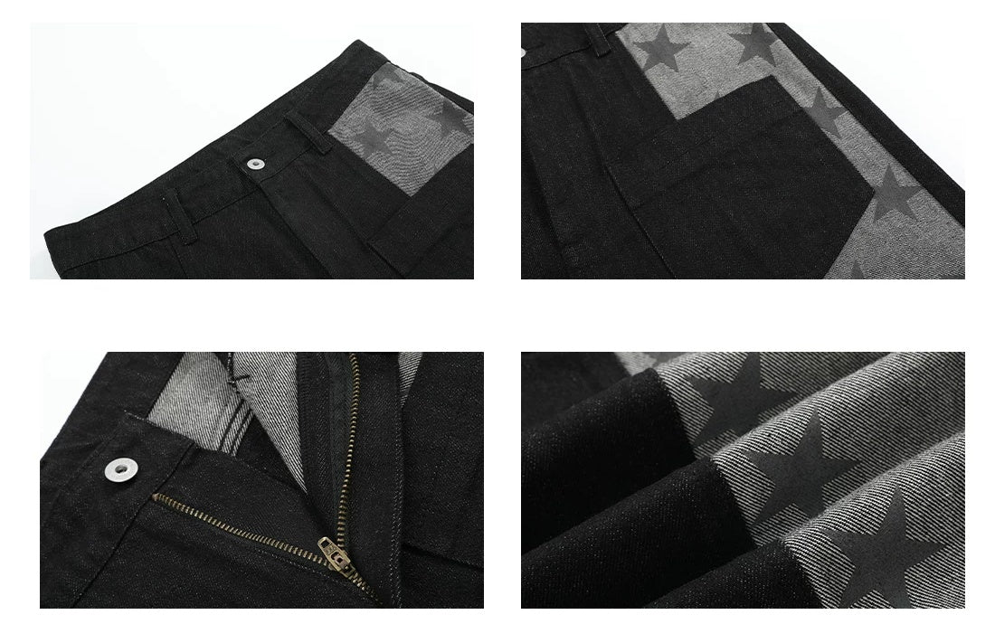Star Print Paneled Raw Black Straight Jeans - Raw Black star panel and zip fly details