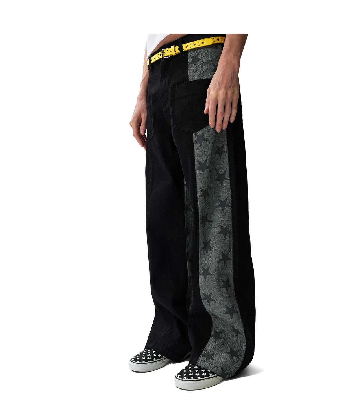 Star Print Paneled Raw Black Straight Jeans - Raw Black front on-model