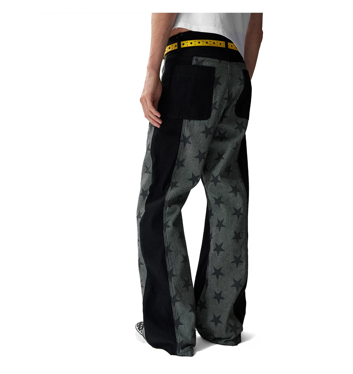 Star Print Paneled Raw Black Straight Jeans - Raw Black side on-model