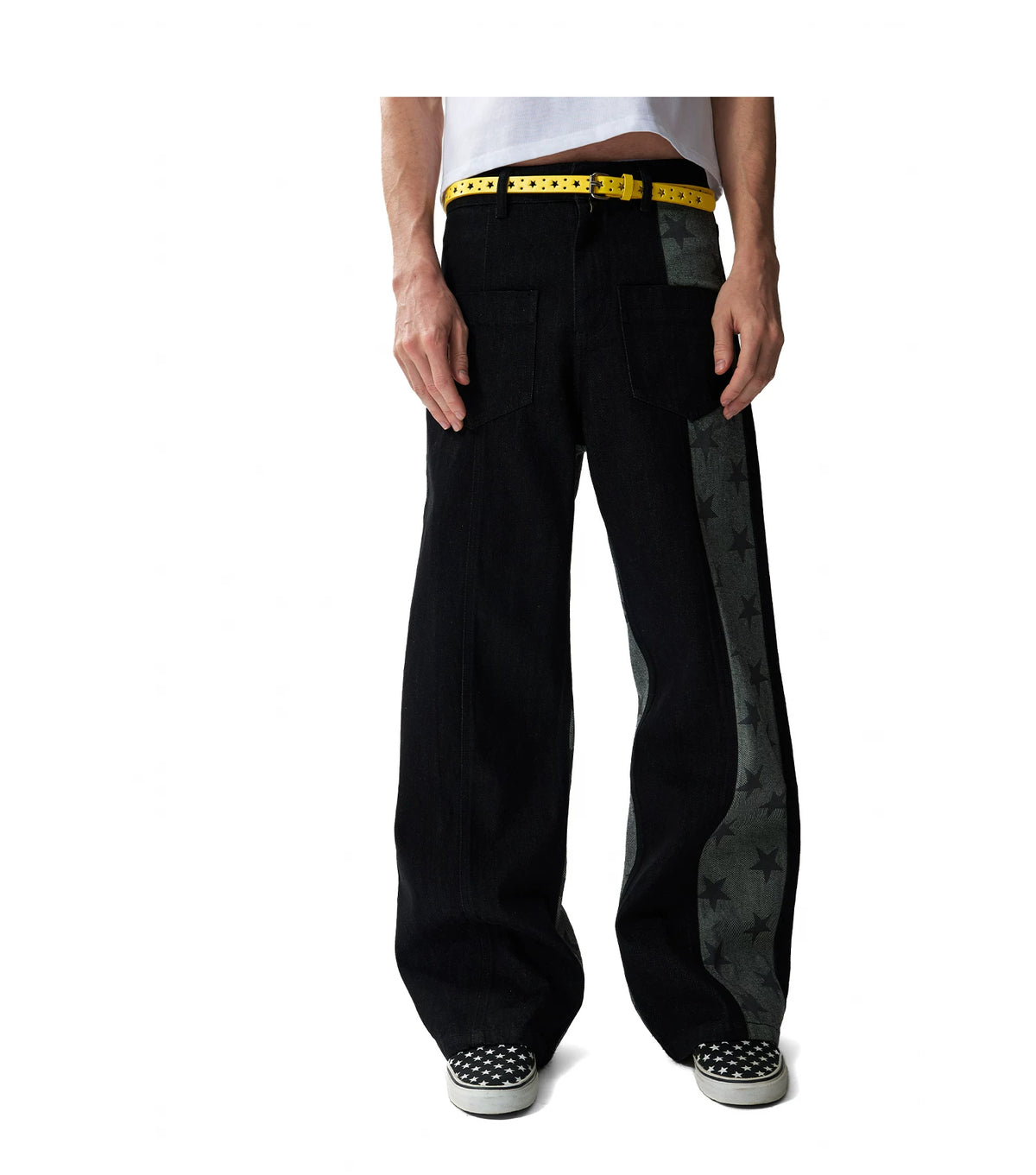 Star Print Paneled Raw Black Straight Jeans - Raw Black front on-model wide