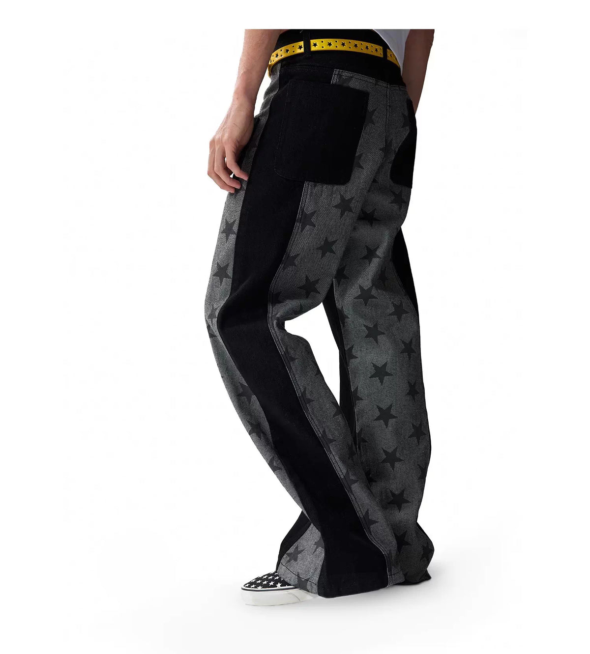 Star Print Paneled Raw Black Straight Jeans - Raw Black back on-model angle