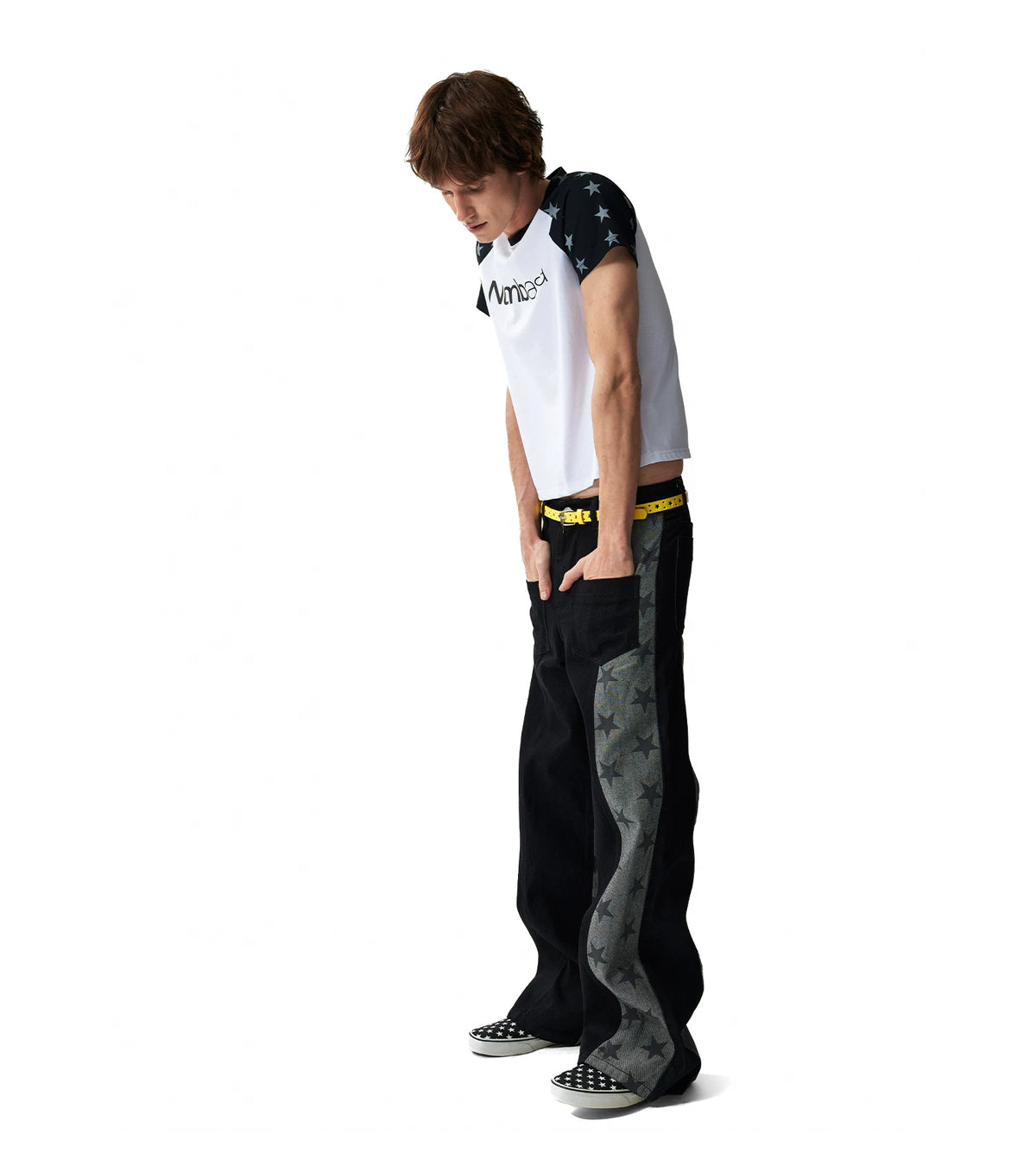 Star Print Paneled Raw Black Straight Jeans - Raw Black side on-model styling