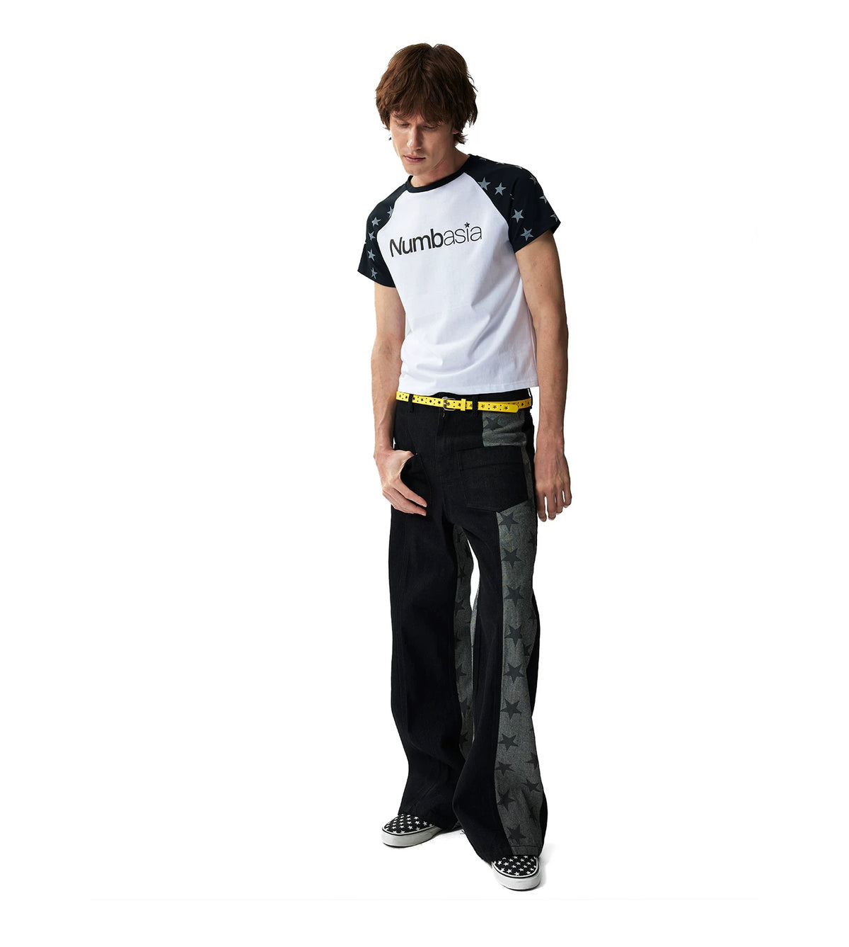 Star Print Paneled Raw Black Straight Jeans - Raw Black front styling full look