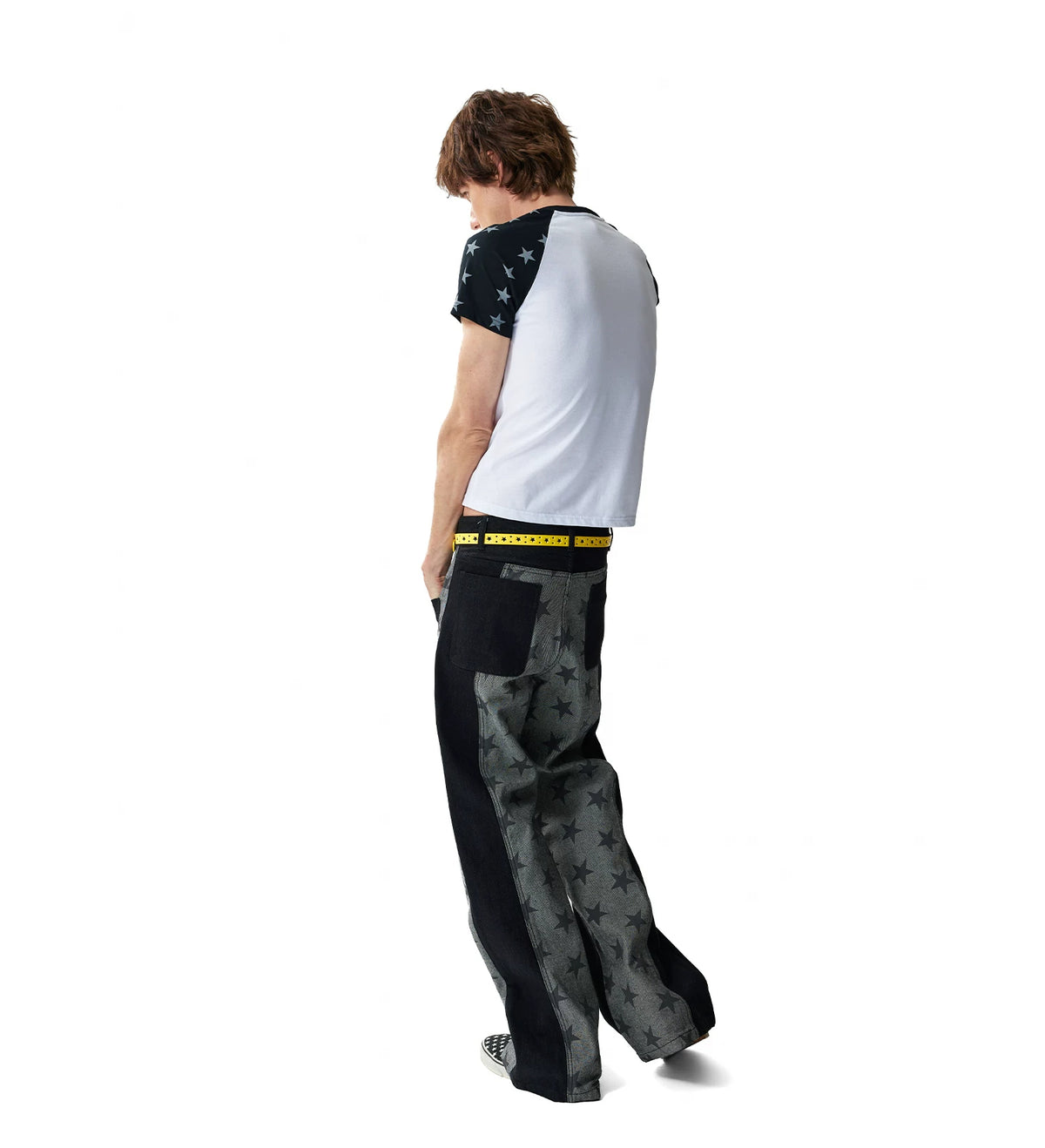 Star Print Paneled Raw Black Straight Jeans - Raw Black side styling full look