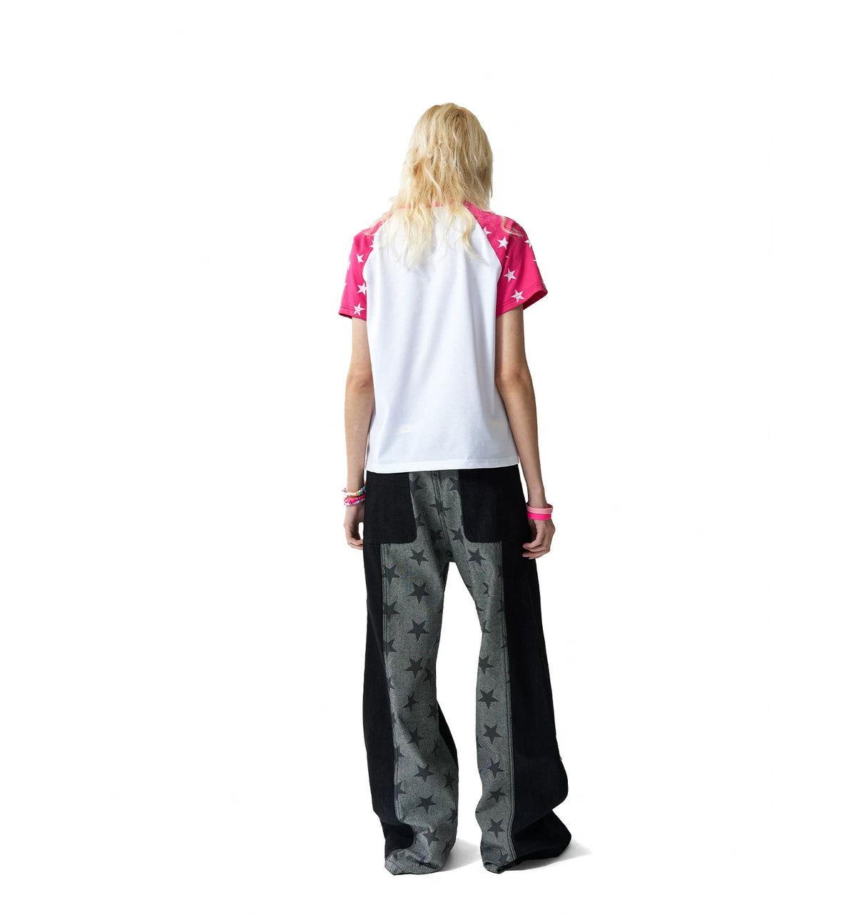 Star Print Paneled Raw Black Straight Jeans - Raw Black back styling