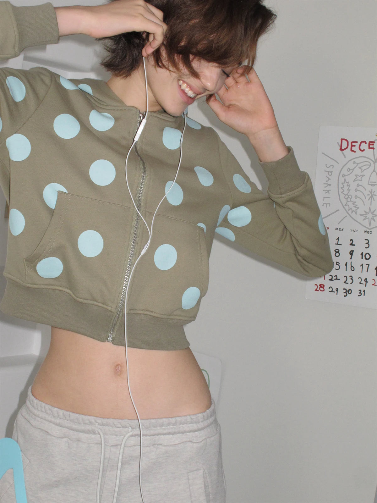InsGale Polka Dot Cropped Zip-Up Hoodie - Sage green front