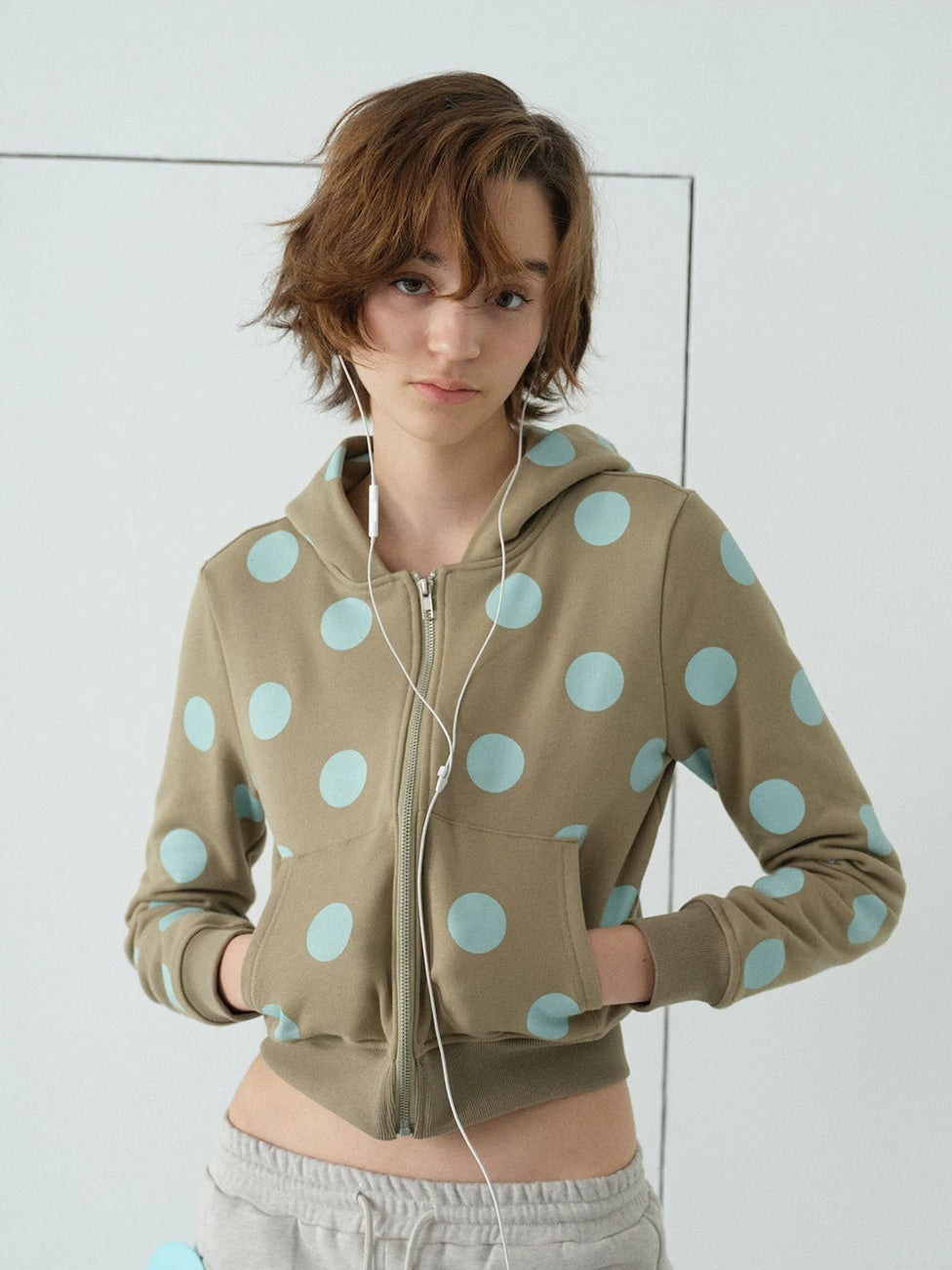 InsGale Polka Dot Cropped Zip-Up Hoodie - Sage green front, hands in pockets