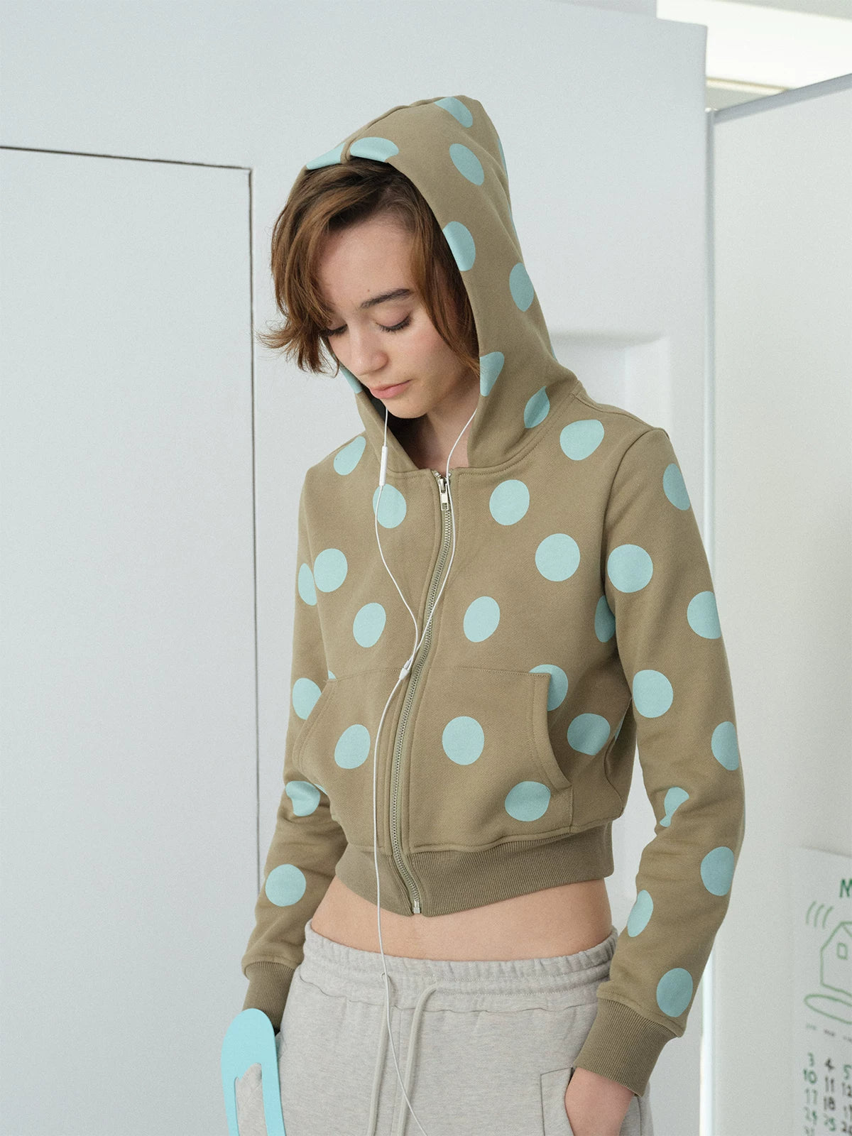 InsGale Polka Dot Cropped Zip-Up Hoodie - Sage green hood up
