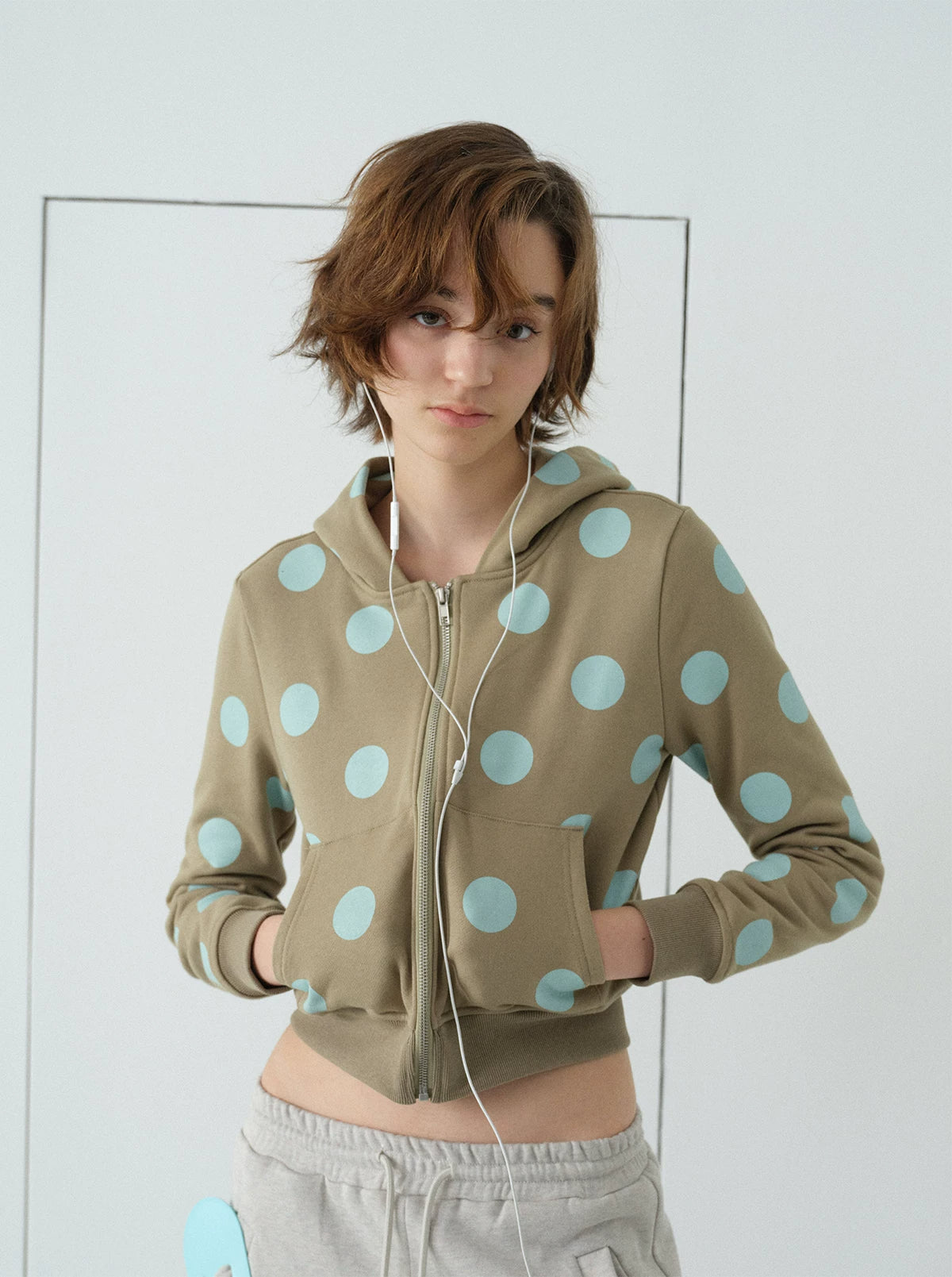 InsGale Polka Dot Cropped Zip-Up Hoodie - Sage green front detail