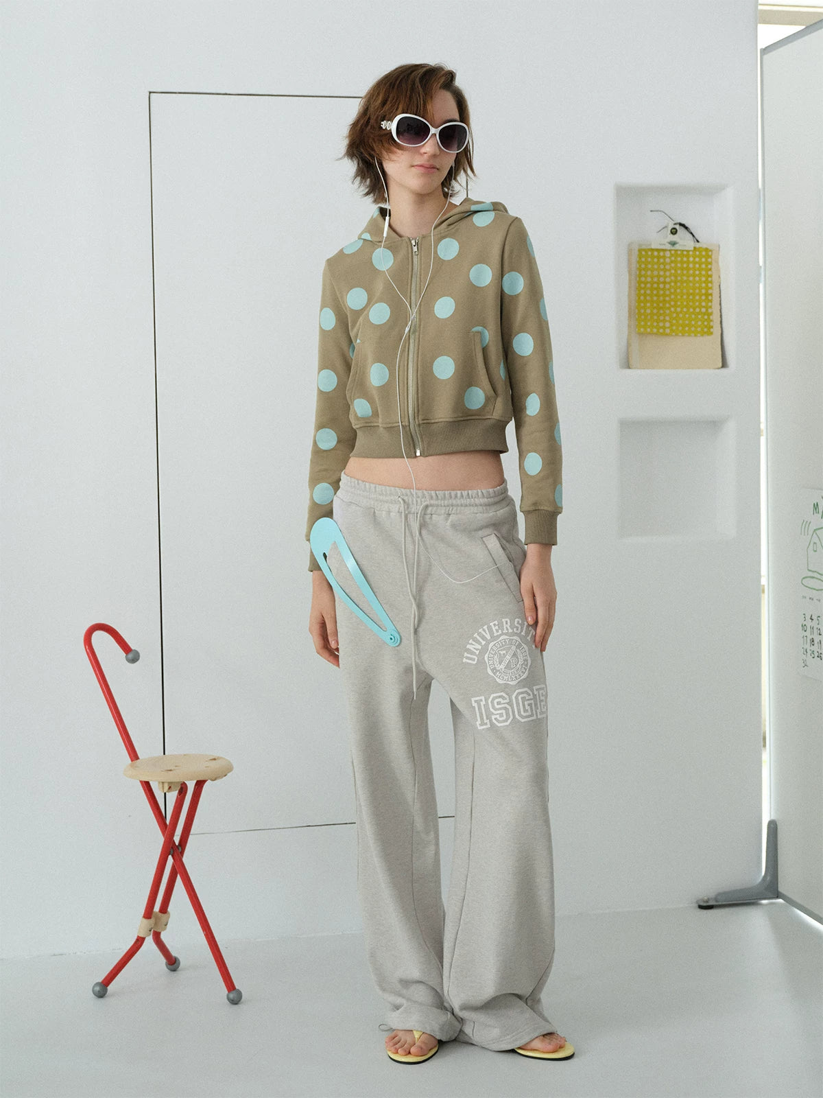InsGale Polka Dot Cropped Zip-Up Hoodie - Sage green full-length outfit