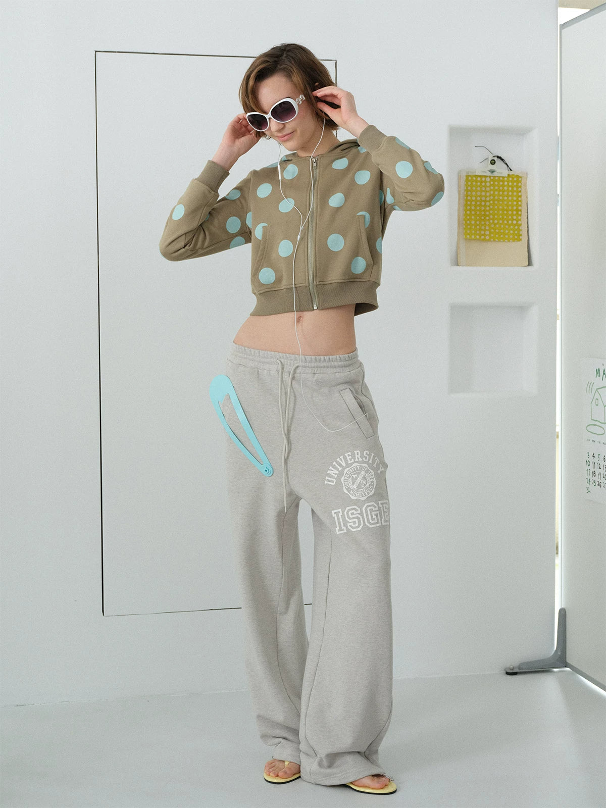 InsGale Polka Dot Cropped Zip-Up Hoodie - Sage green full-length styling