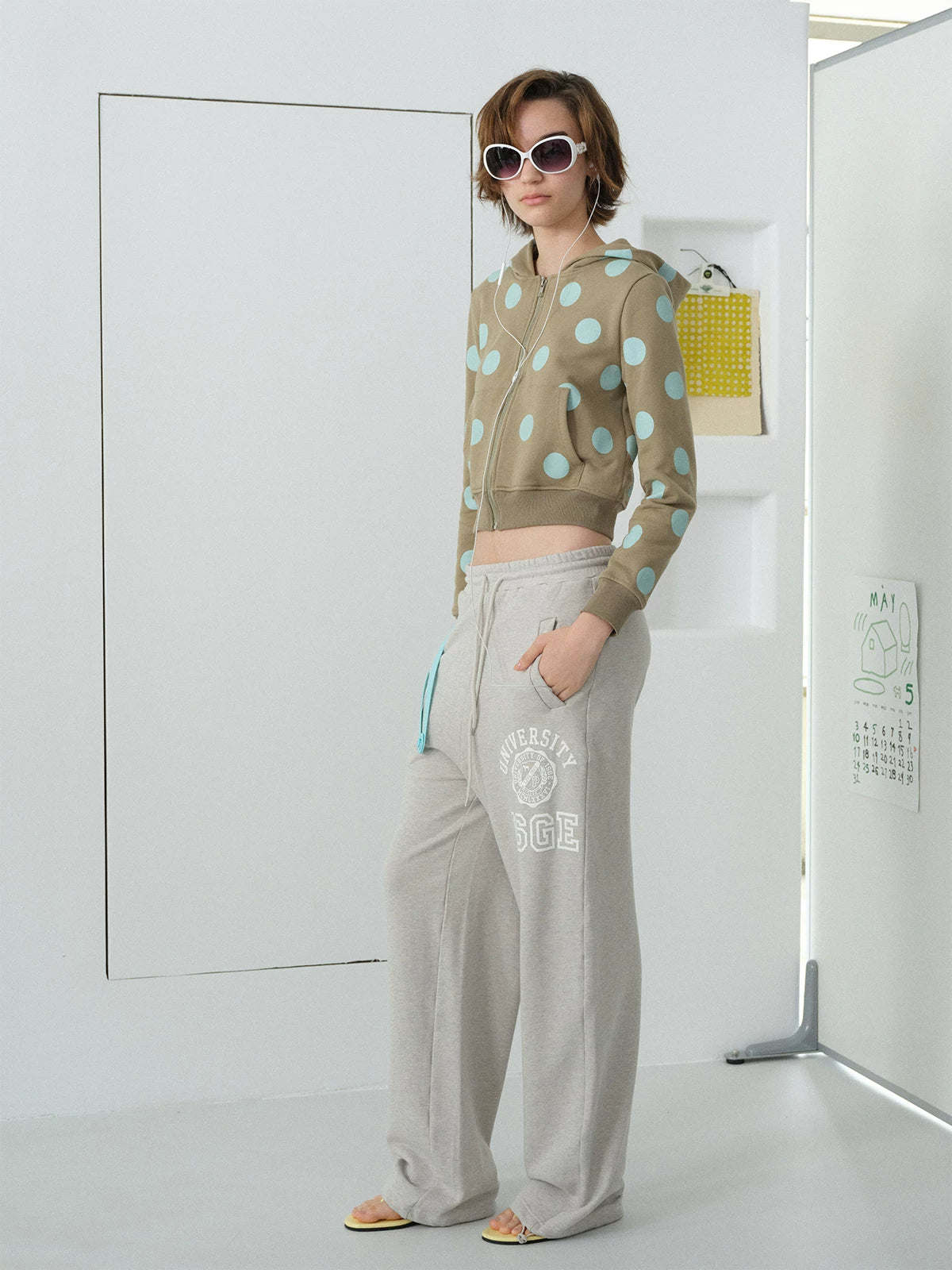 InsGale Polka Dot Cropped Zip-Up Hoodie - Sage green side full-length