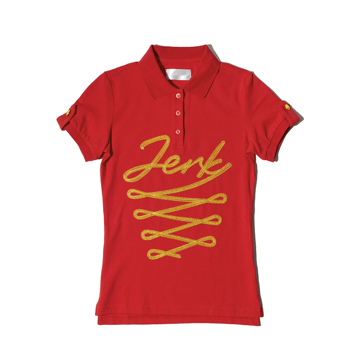 NORGIRA Red Jerk Gold-Embroidered Polo Shirt - red Jerk gold embroidered polo, flat front view without shoulder epaulette