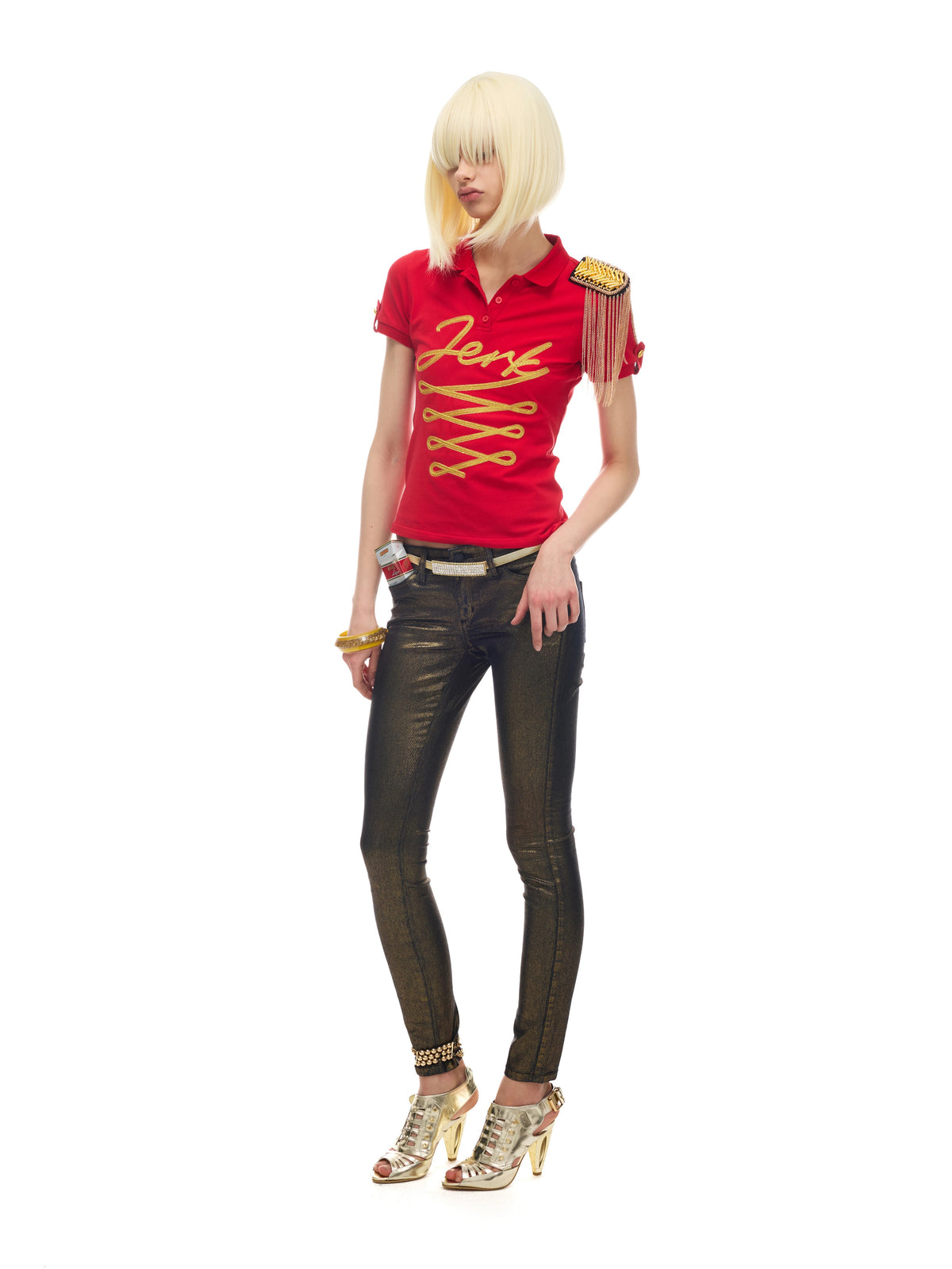NORGIRA Red Jerk Gold-Embroidered Polo Shirt - red gold embroidered polo on model, full outfit front view; shoulder epaulette is styling prop