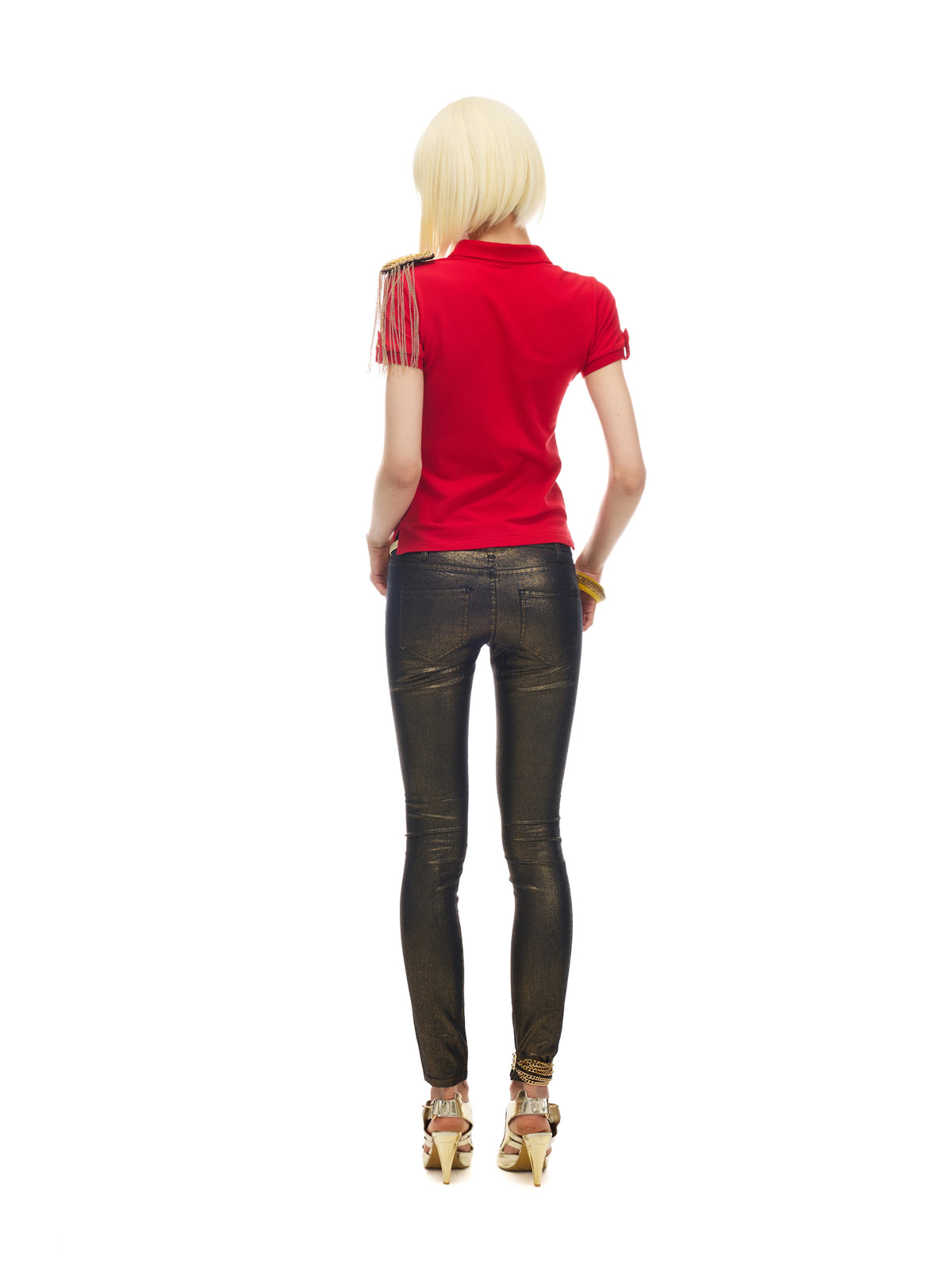 NORGIRA Red Jerk Gold-Embroidered Polo Shirt - red fitted polo shirt on model, rear view