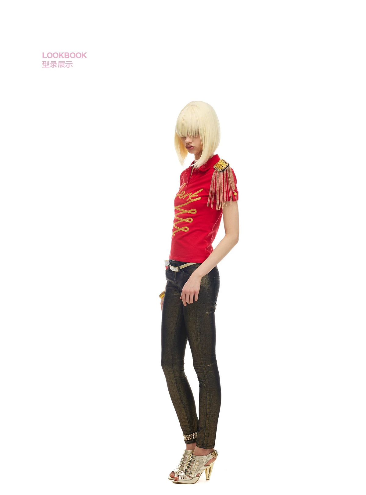 NORGIRA Red Jerk Gold-Embroidered Polo Shirt - red polo on model, side view
