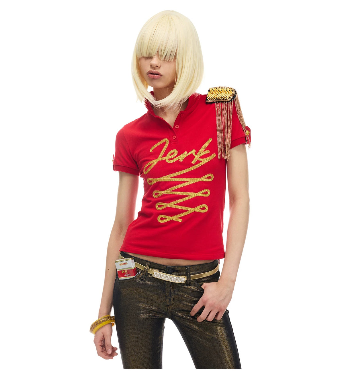 NORGIRA Red Jerk Gold-Embroidered Polo Shirt - red polo on model, alternate rear view