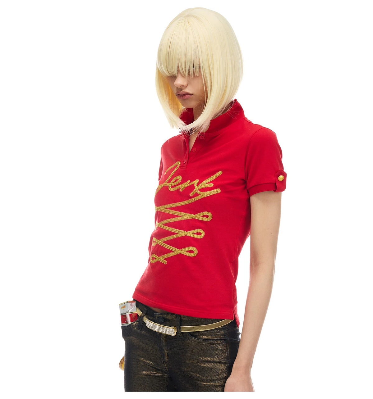 NORGIRA Red Jerk Gold-Embroidered Polo Shirt - red polo with gold Jerk script and braid embroidery detail